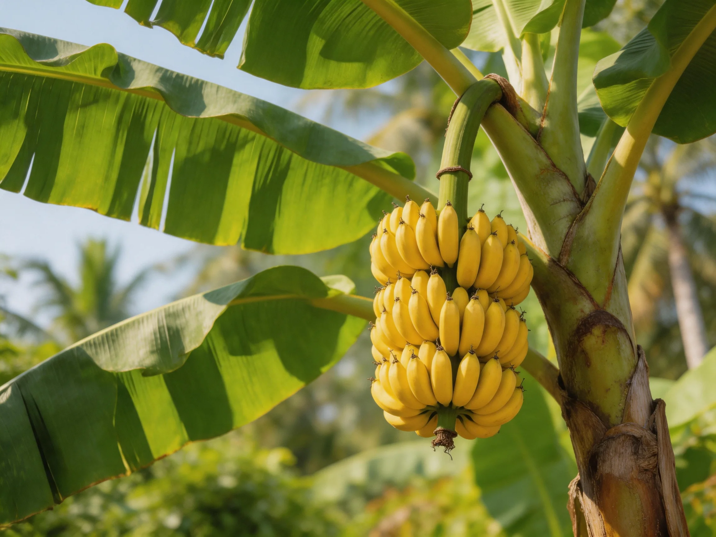 A cluster of ripe yellow bananas hangs from a lush green banana tree