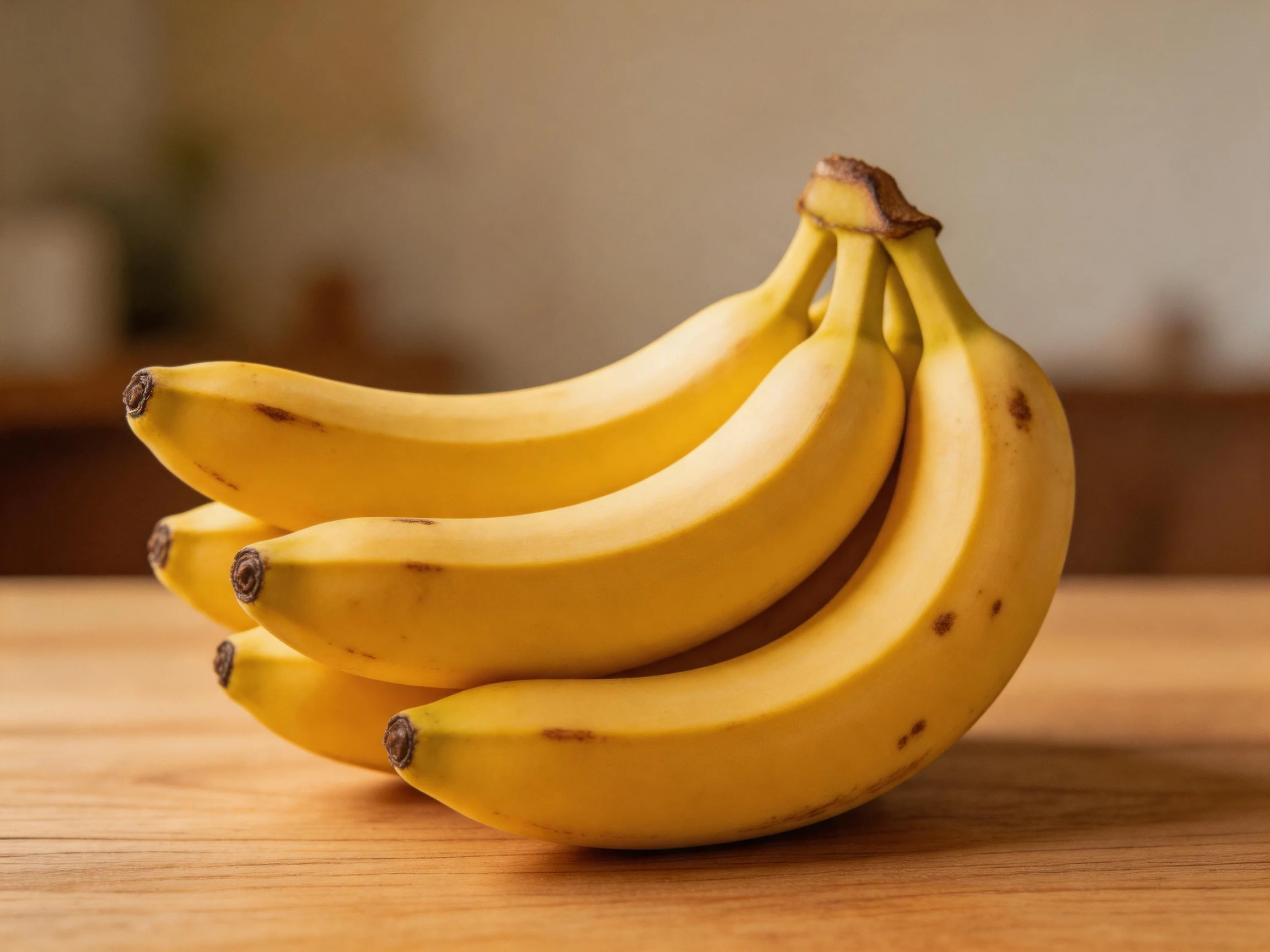 A cluster of ripe yellow bananas on a wooden surface