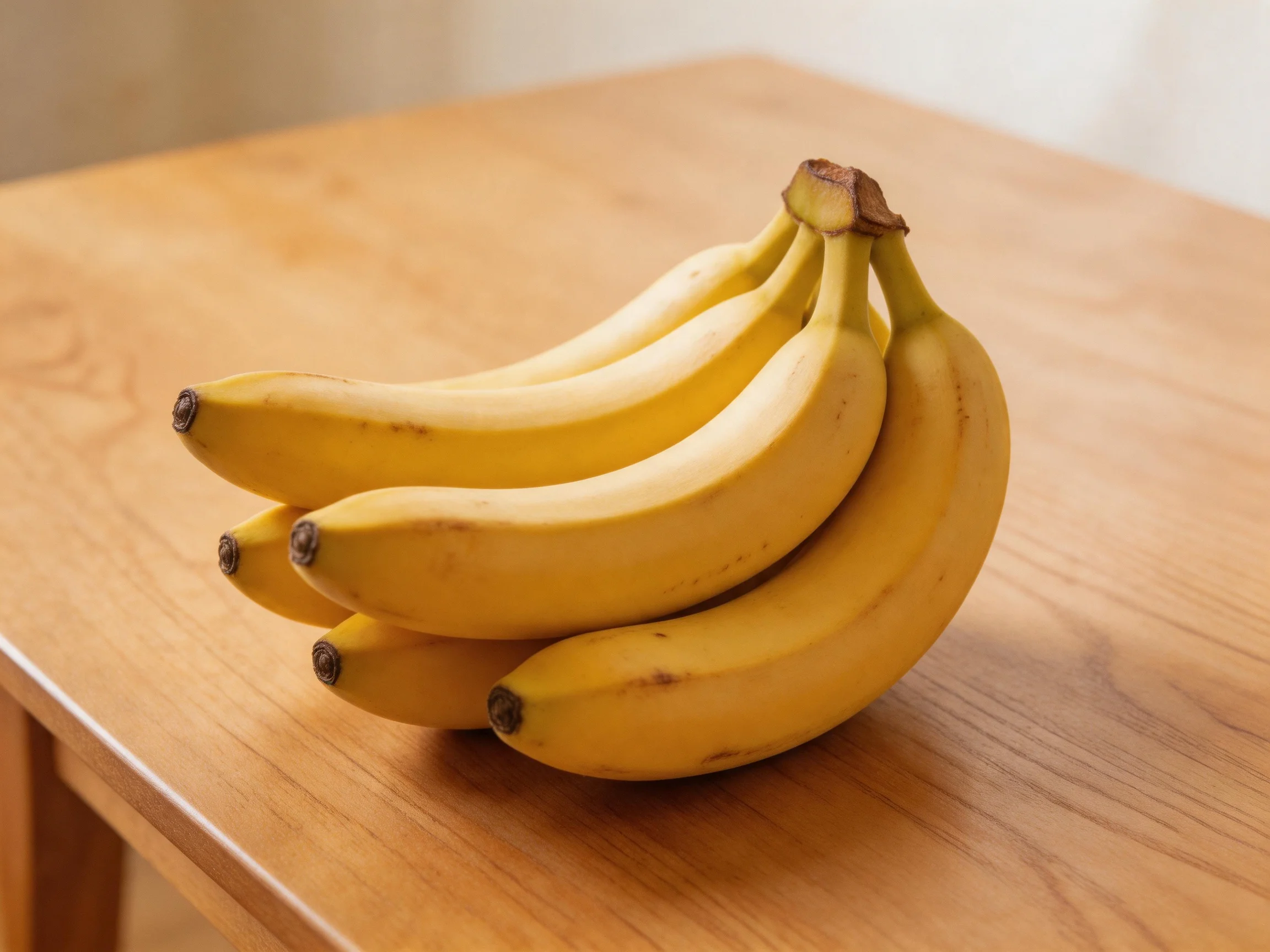 A cluster of ripe yellow bananas on a wooden table