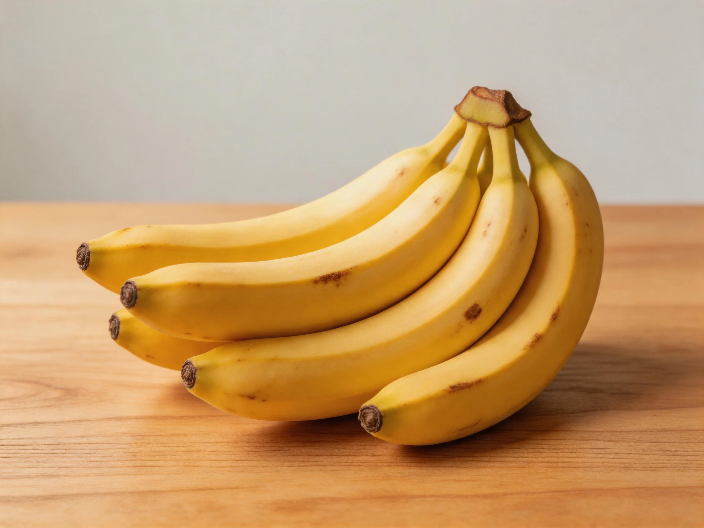 A cluster of ripe yellow bananas on a wooden table