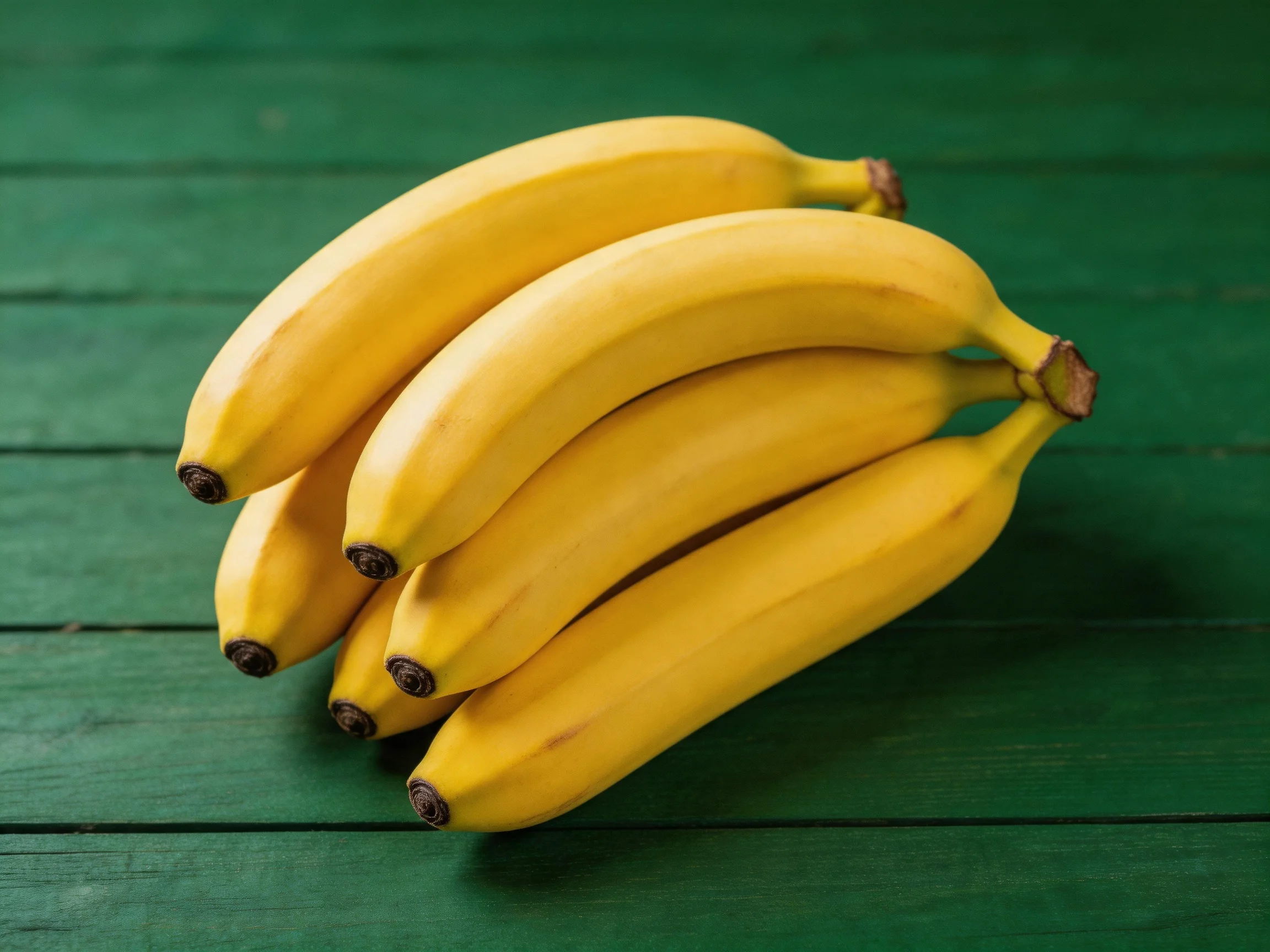 A cluster of ripe yellow bananas rests on a green wooden surface