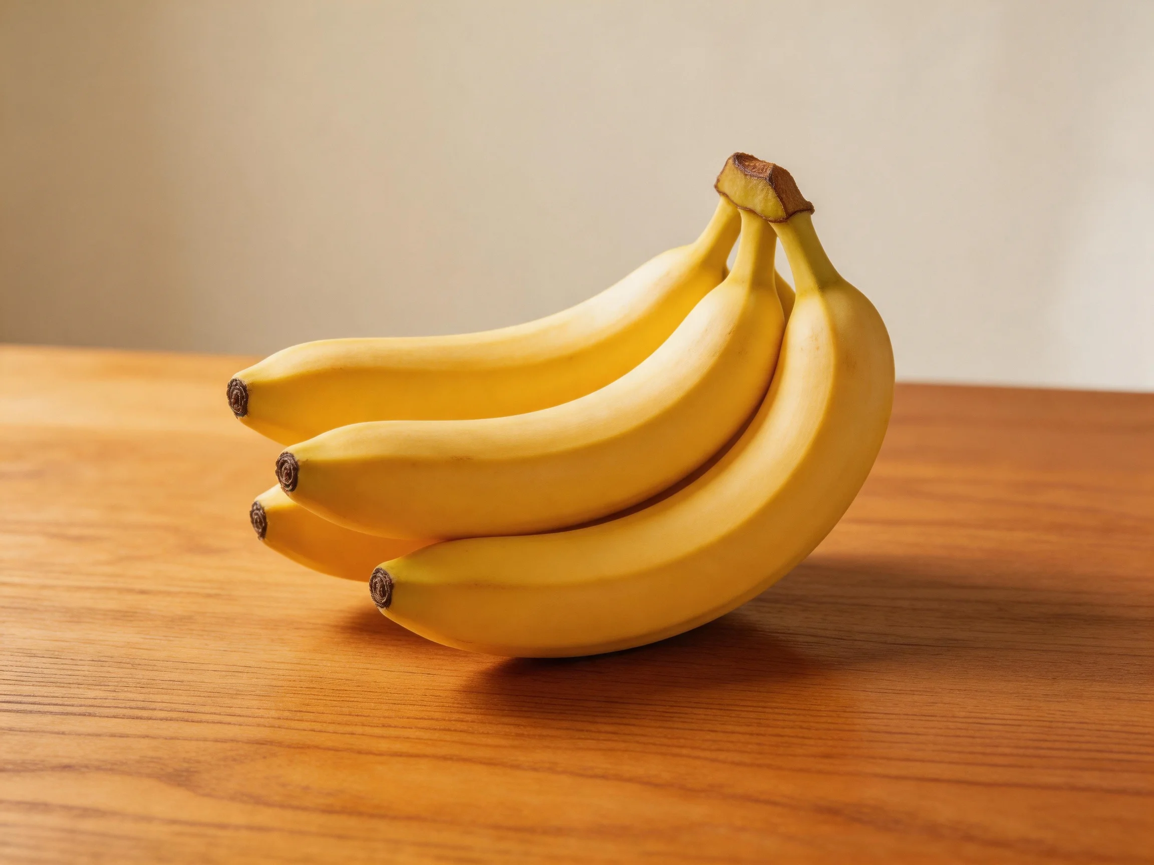 A cluster of ripe yellow bananas rests on a wooden table