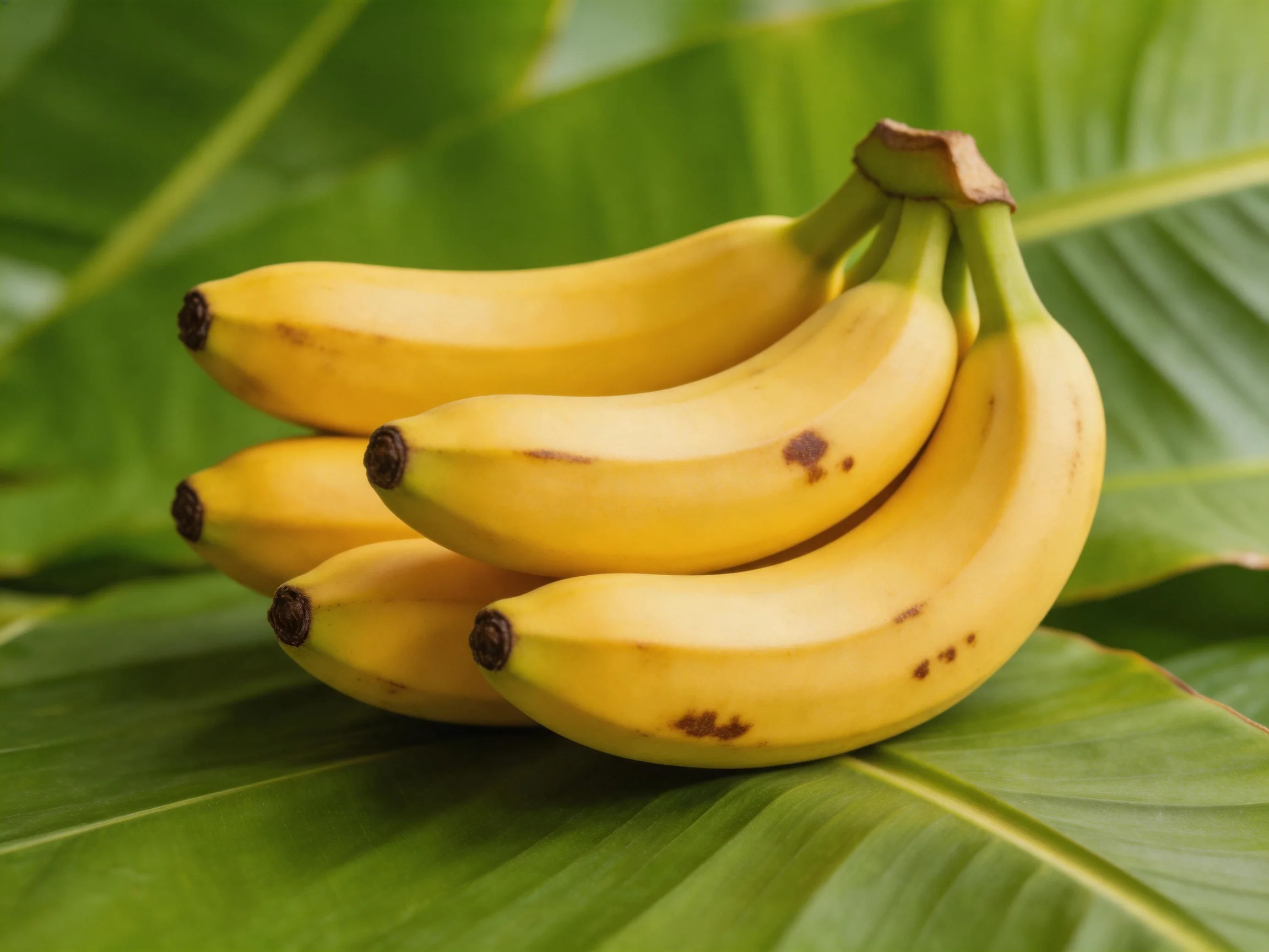 A cluster of ripe yellow bananas rests on large green leaves