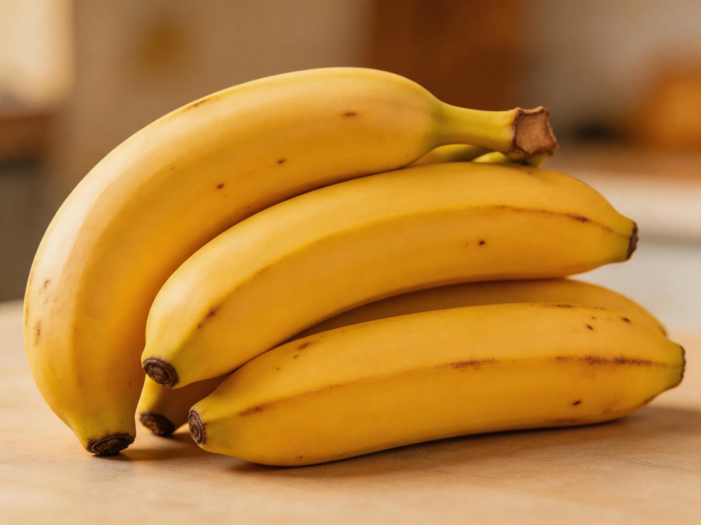 A cluster of ripe yellow bananas stacked on a wooden surface