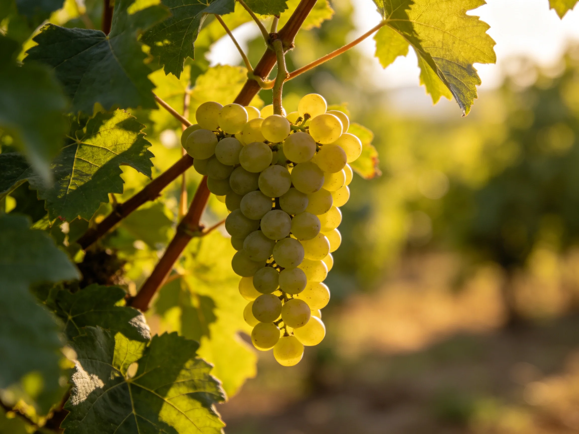 A cluster of ripe yellow-green grapes hangs from a vine in a sunlit vineyard