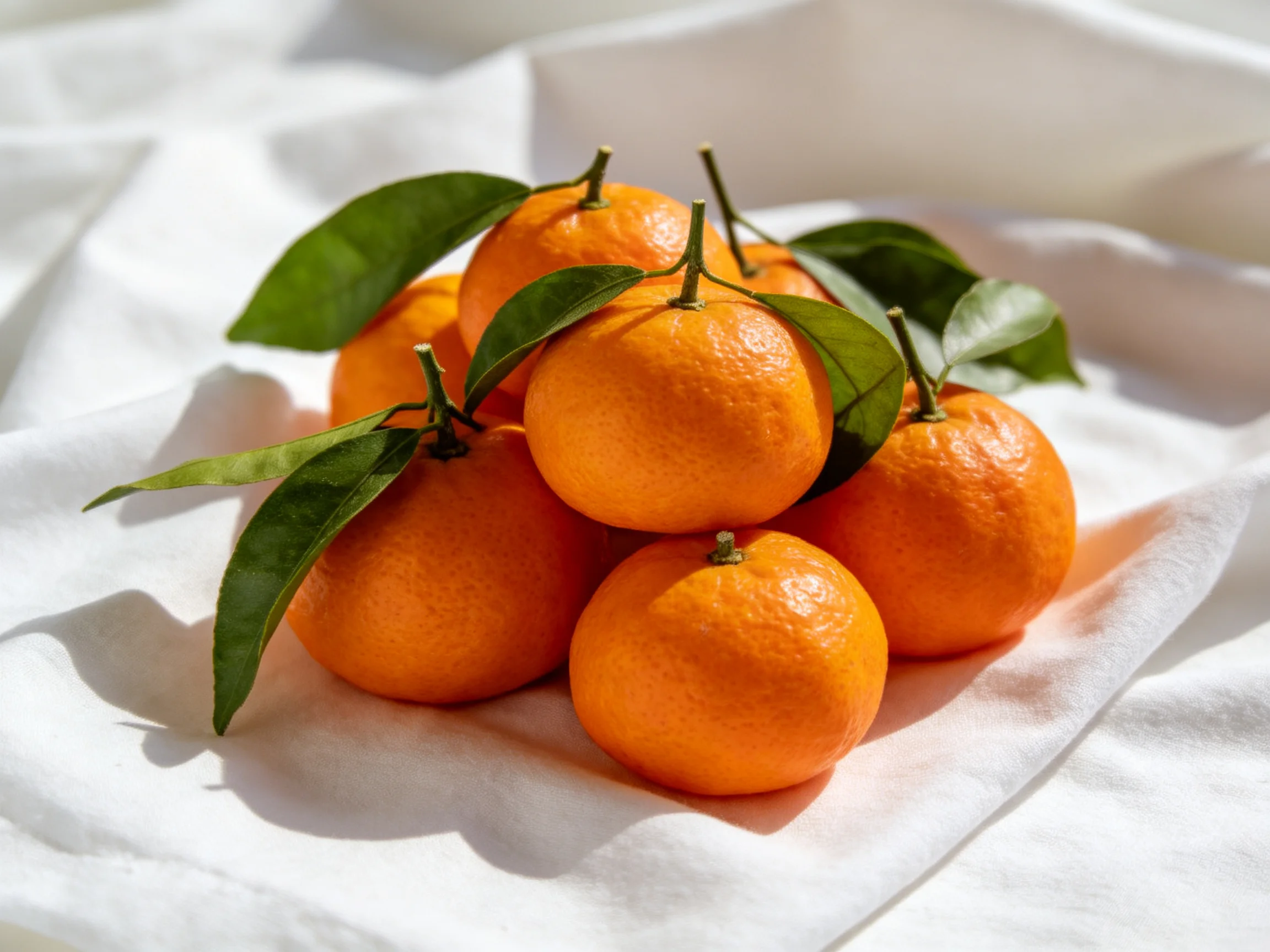 A cluster of six bright orange citrus fruits with green leaves on a white cloth