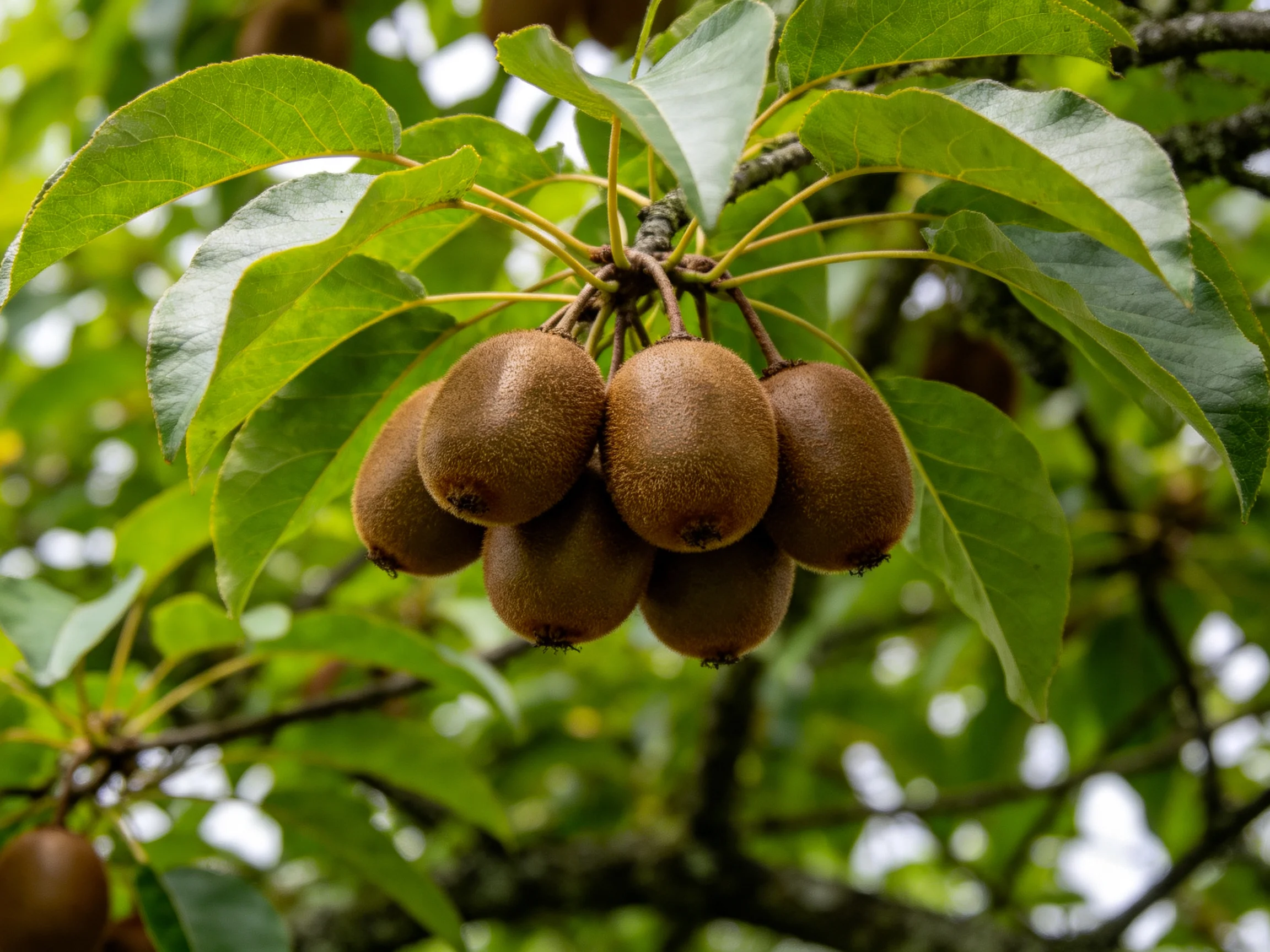 A cluster of six brown kiwis hangs among lush green leaves