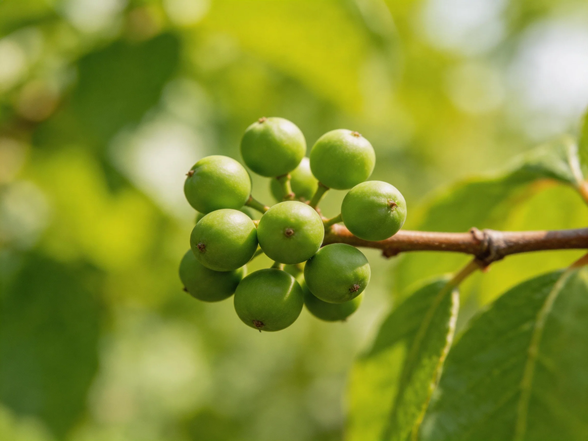 A cluster of small green berries grows on a brown branch with leafy surroundings.