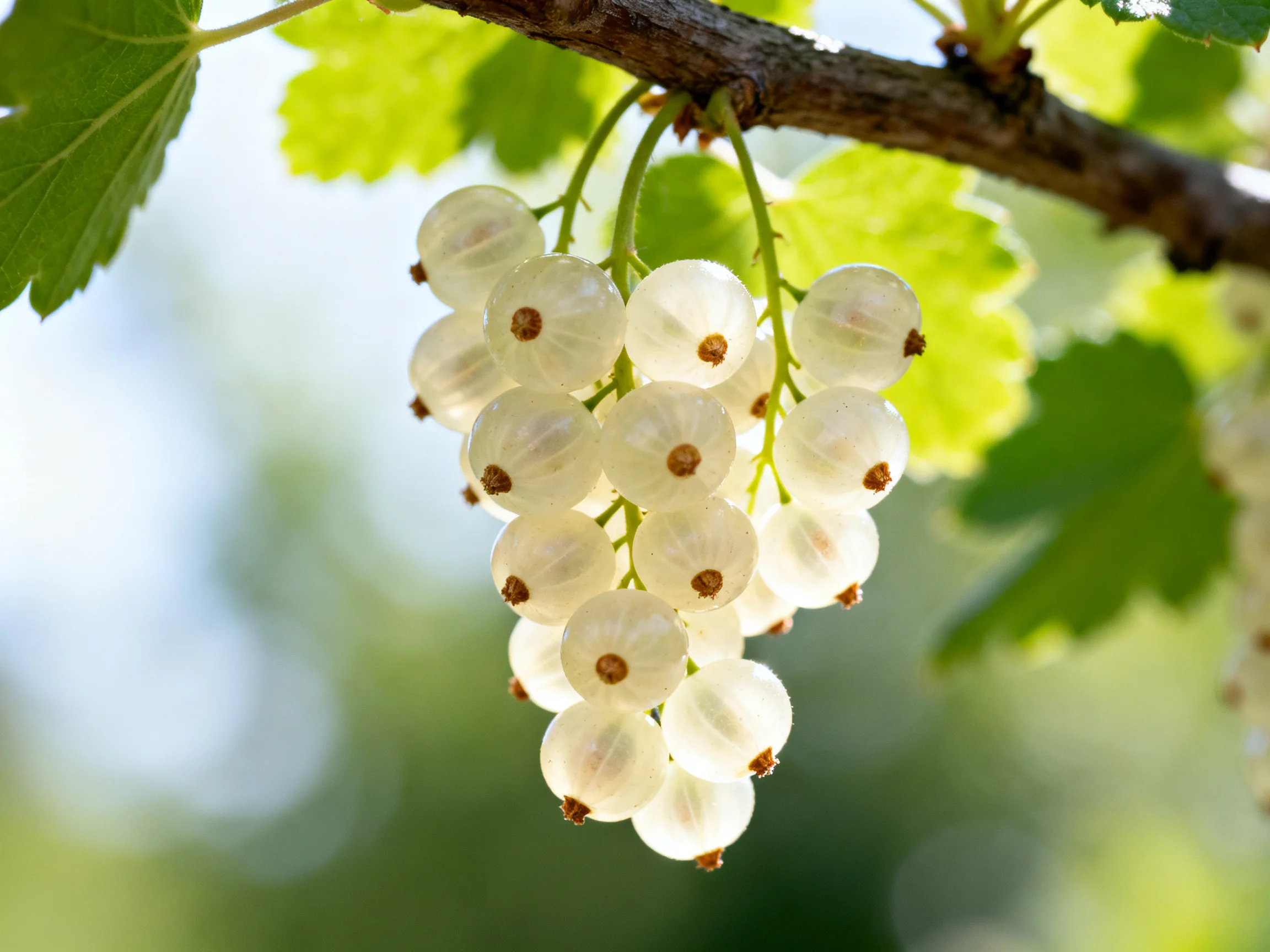 A cluster of translucent white currants hangs from a tree branch