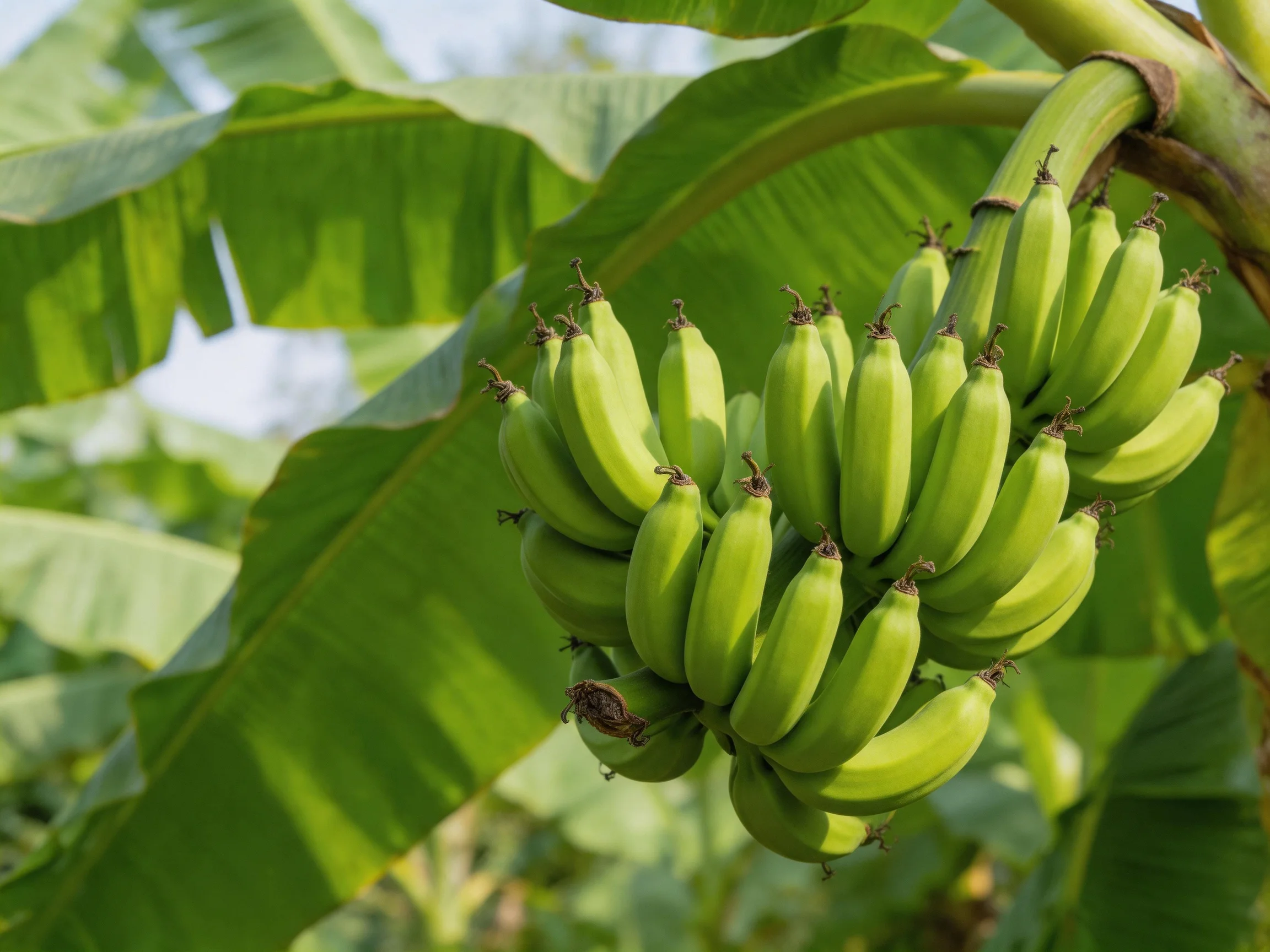 A cluster of unripe green bananas grows among broad green leaves