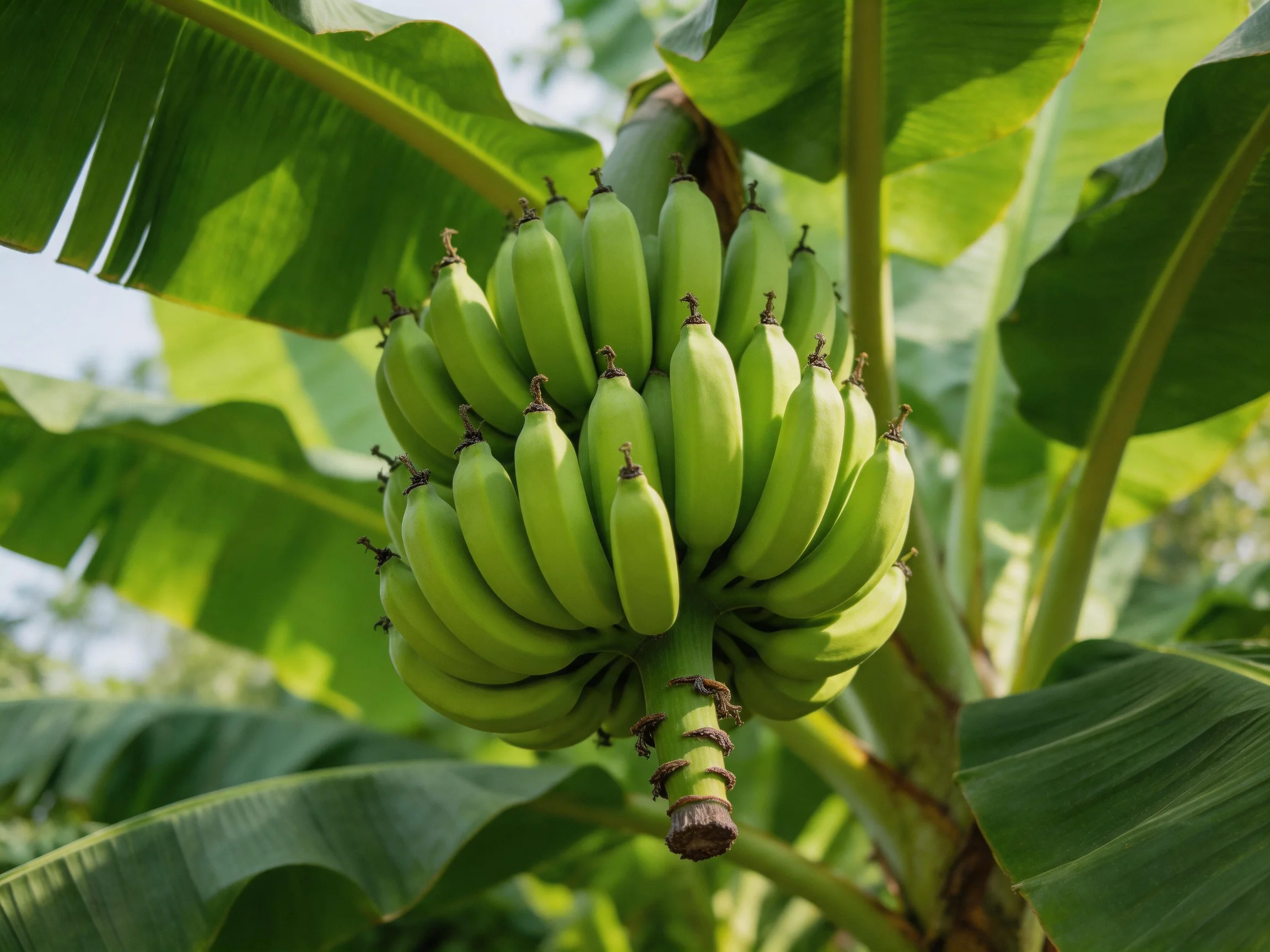A cluster of unripe green bananas hangs from a banana tree