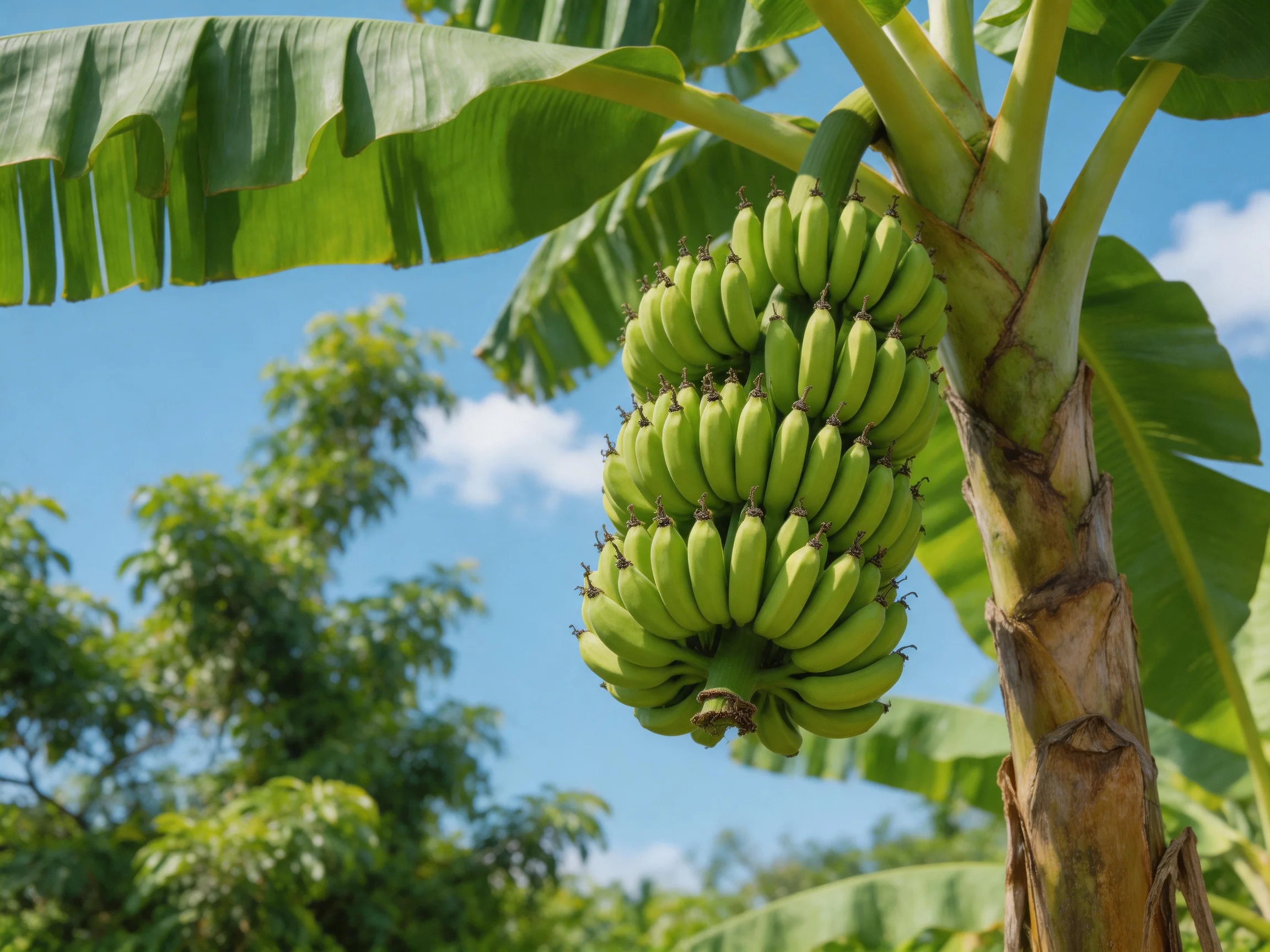 A cluster of unripe green bananas hangs from a tall banana tree