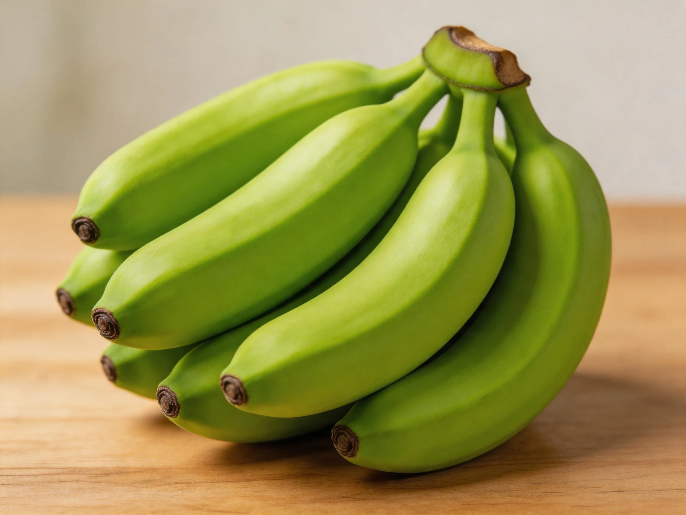 A cluster of unripe green bananas on a wooden table