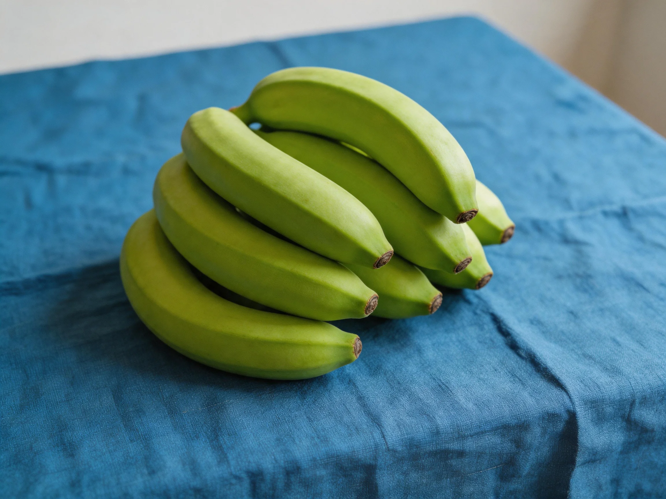 A cluster of unripe green bananas rests on a vibrant blue cloth