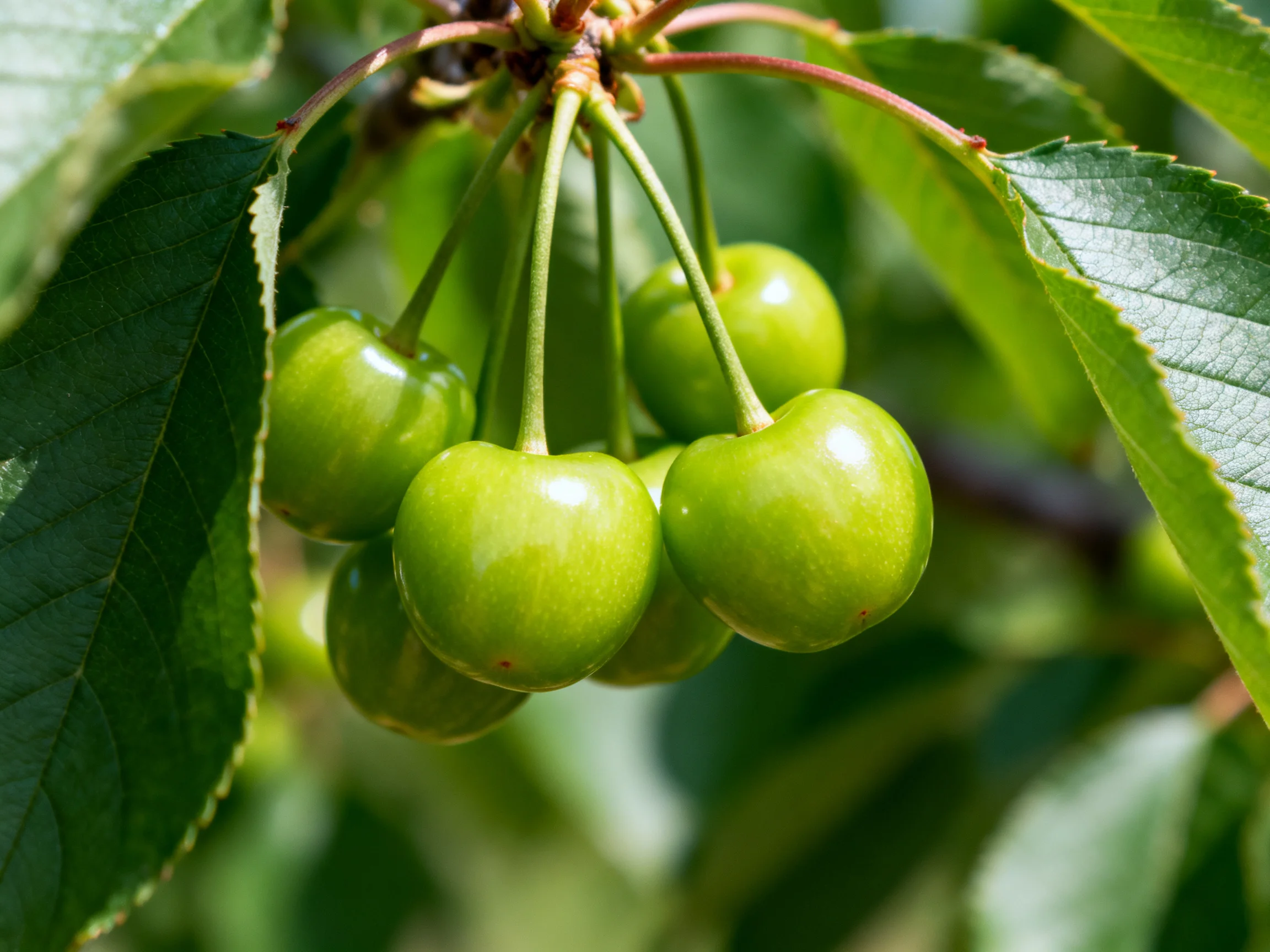A cluster of unripe green cherries hangs from a tree branch