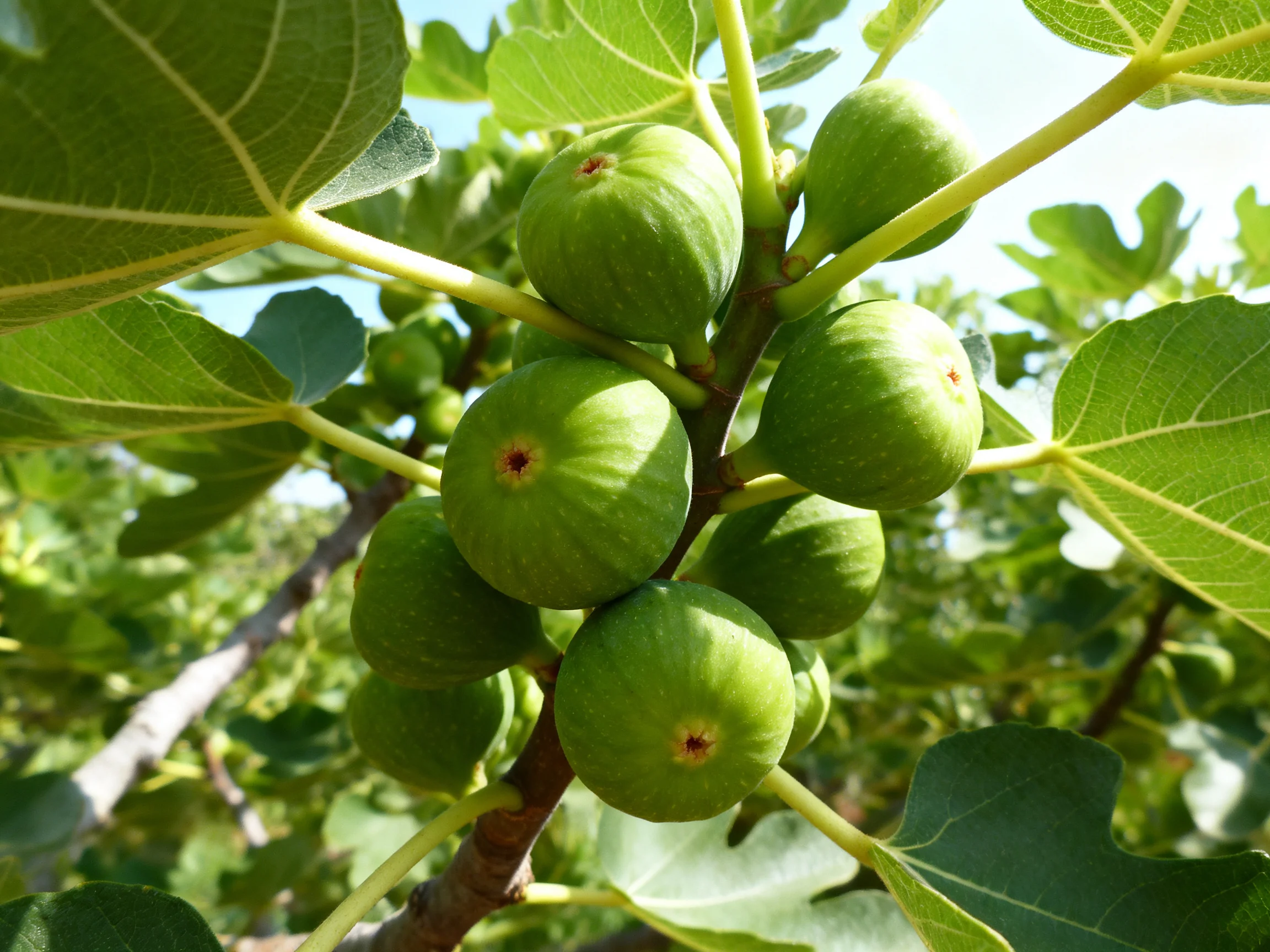 A cluster of unripe green figs grows on a leafy fig tree branch