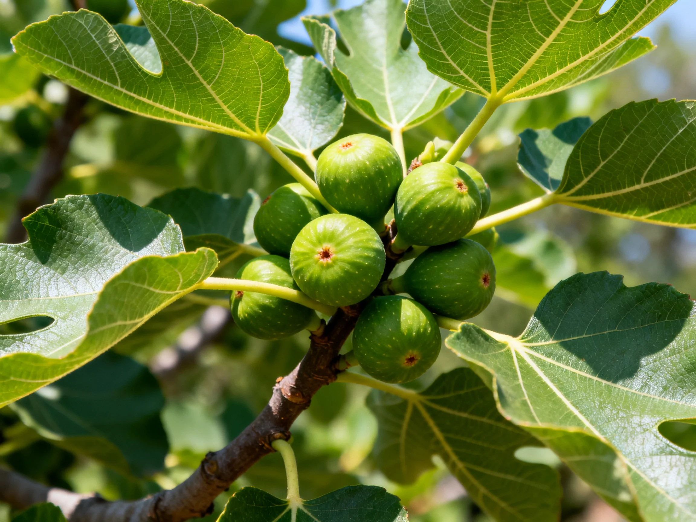 A cluster of unripe green figs on a fig tree branch