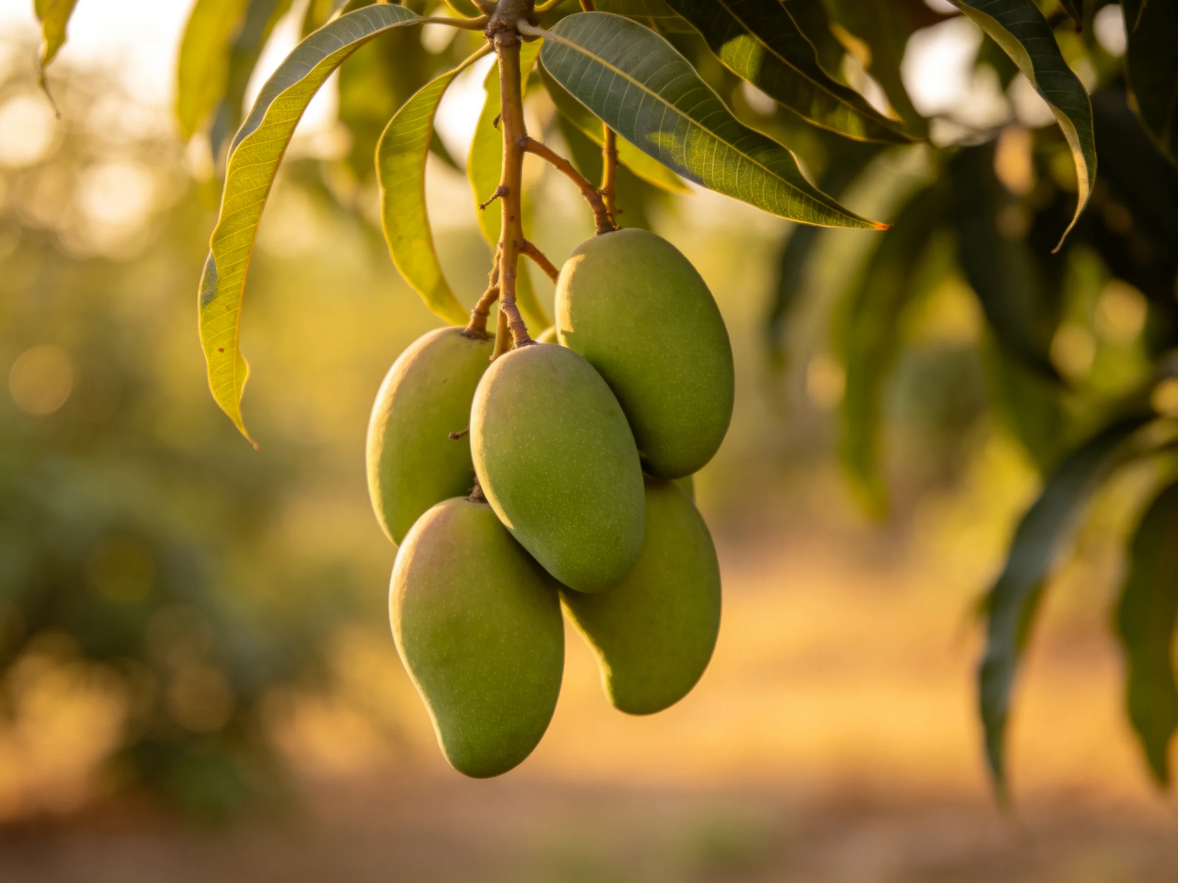 A cluster of unripe green mangoes hangs from a leafy tree branch