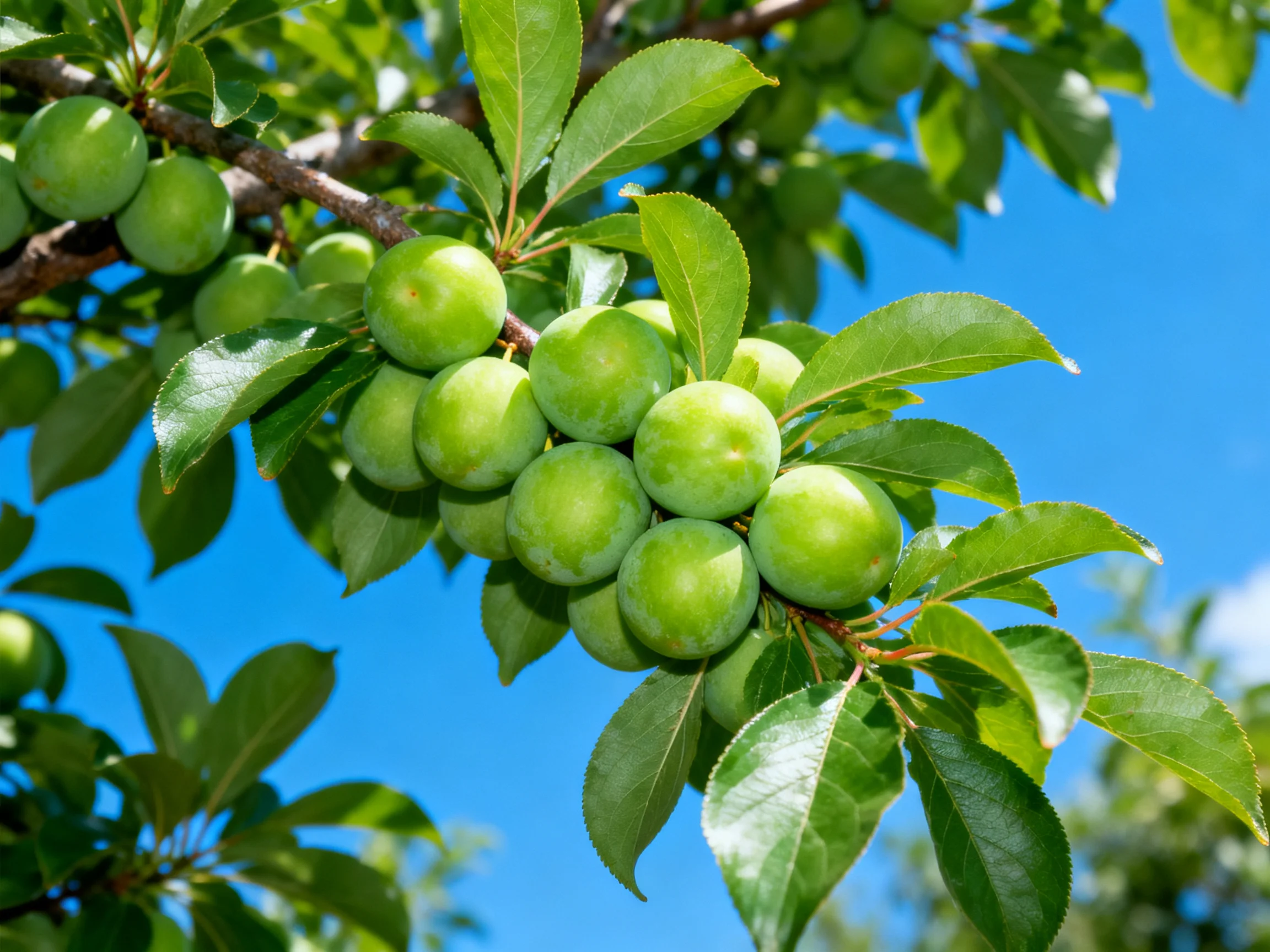 A cluster of unripe green plums hangs from a leafy tree against a bright blue sky