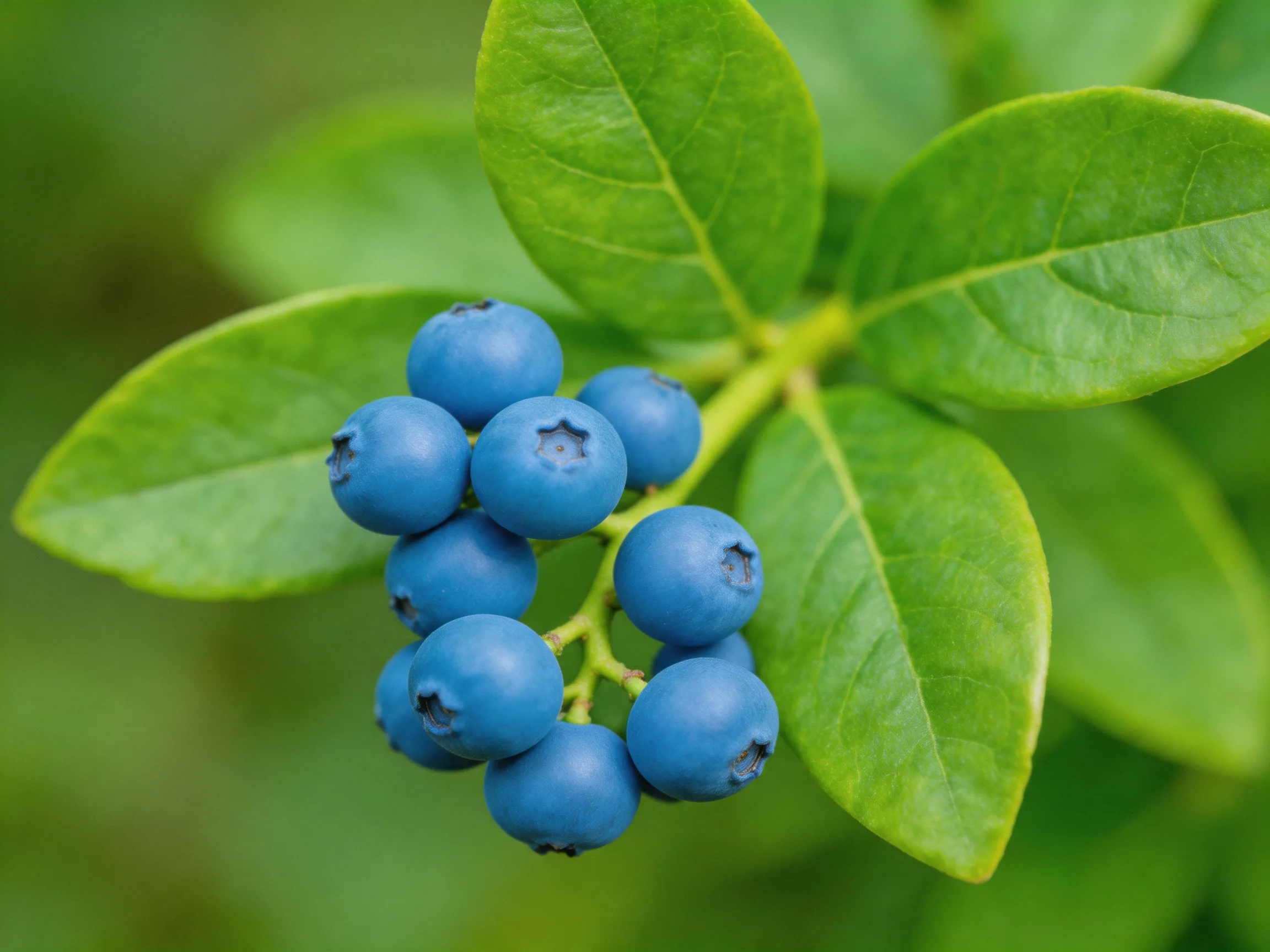 A cluster of vibrant blueberries amid glossy green foliage