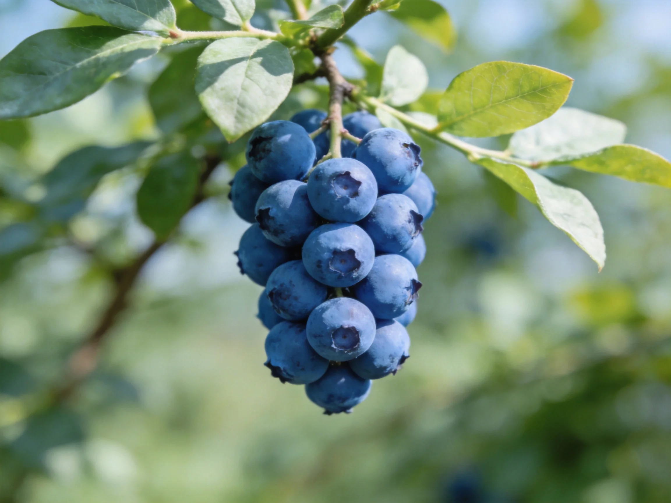A cluster of vibrant blueberries hangs from a leafy bush