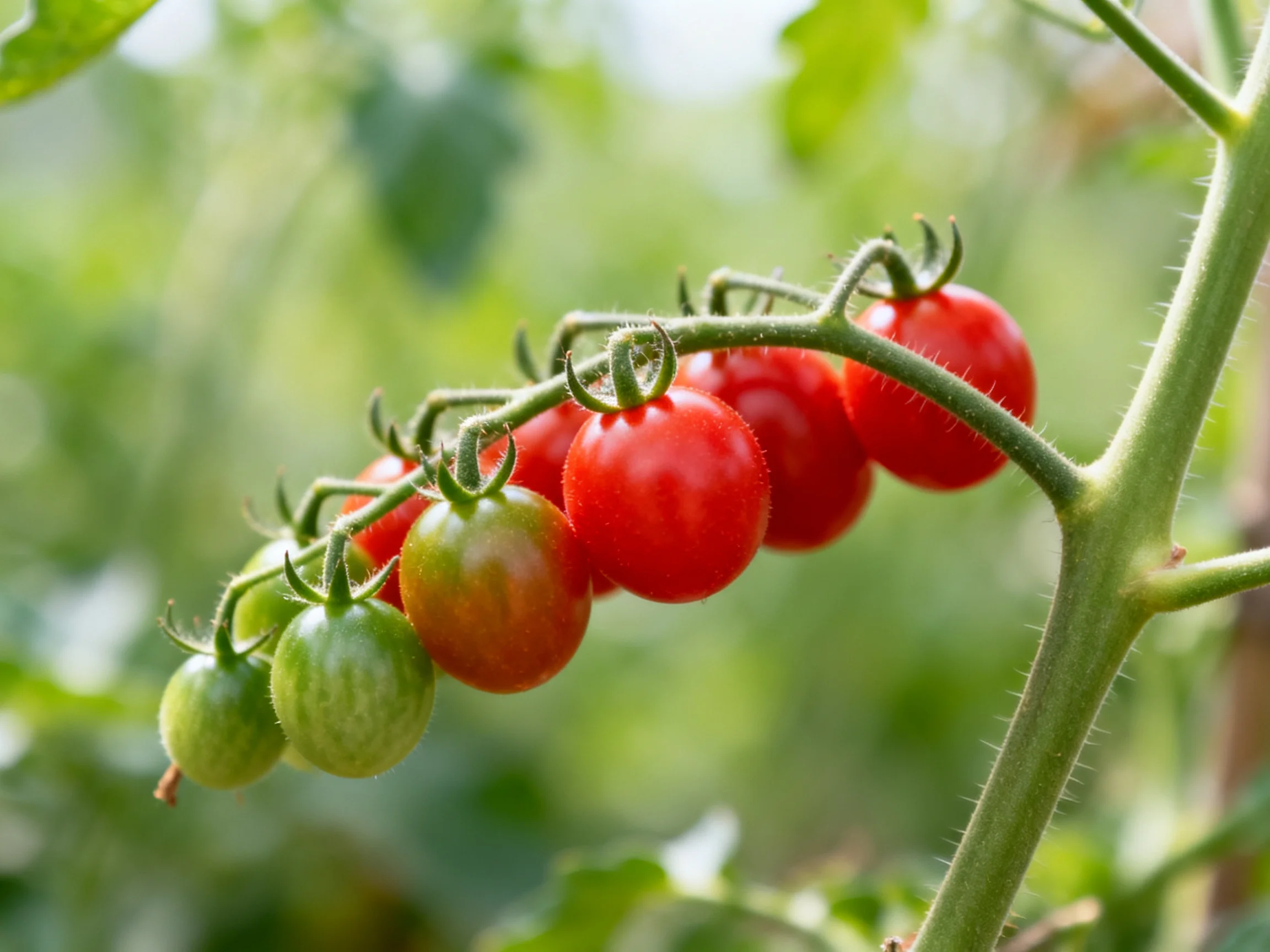 A cluster of vibrant cherry tomatoes, red and green, ripening on a vine