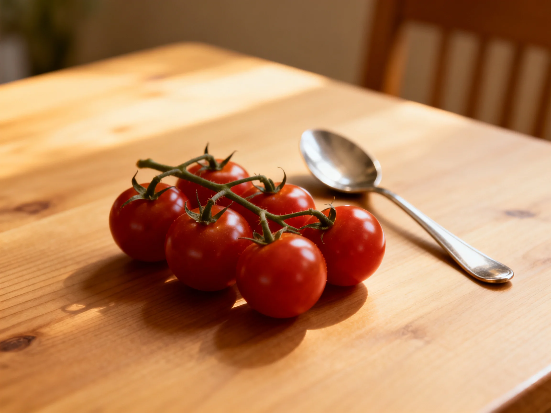 A cluster of vibrant cherry tomatoes sits beside a silver spoon on a wooden table
