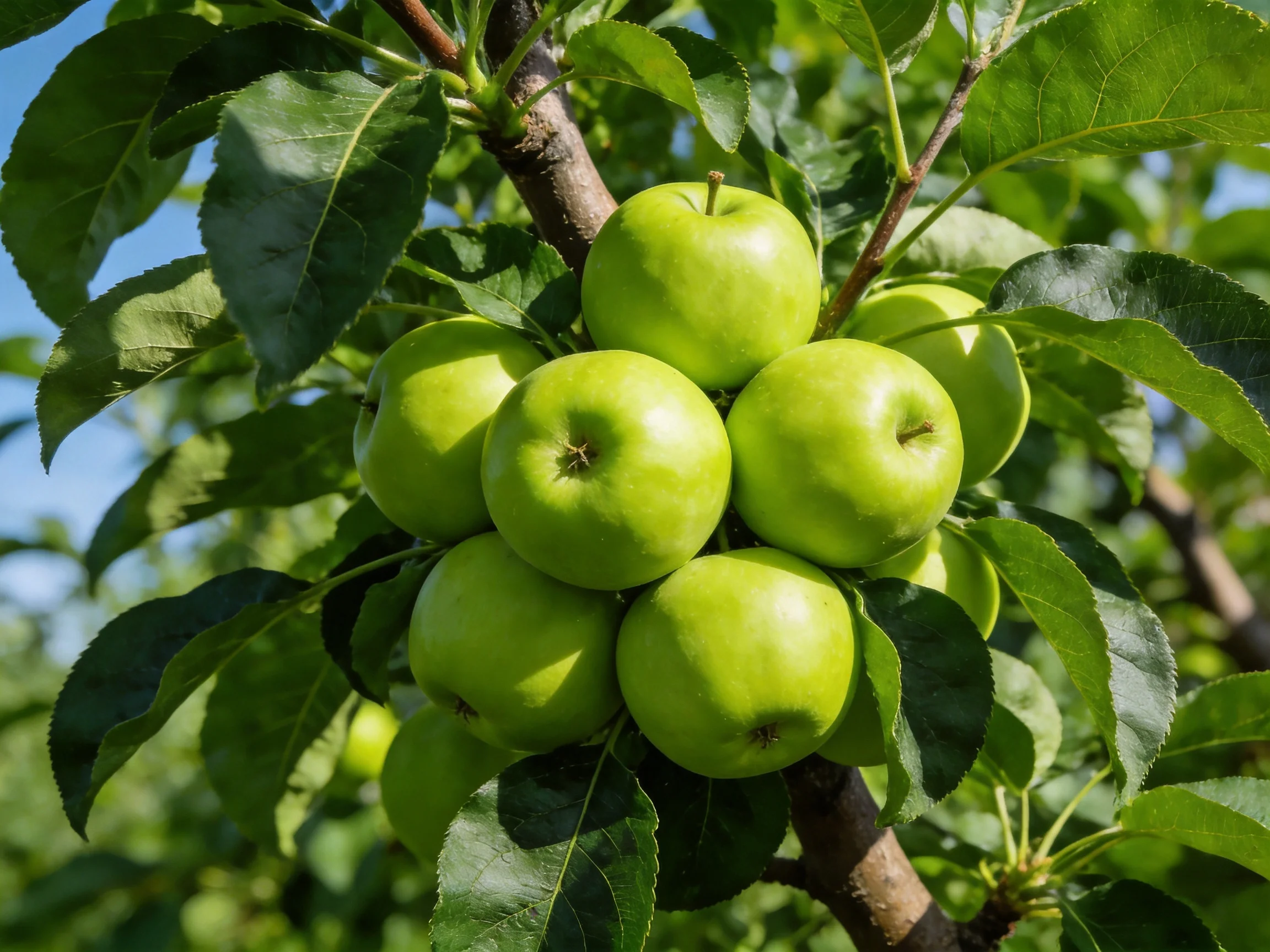 A cluster of vibrant green apples hangs from a leafy apple tree branch