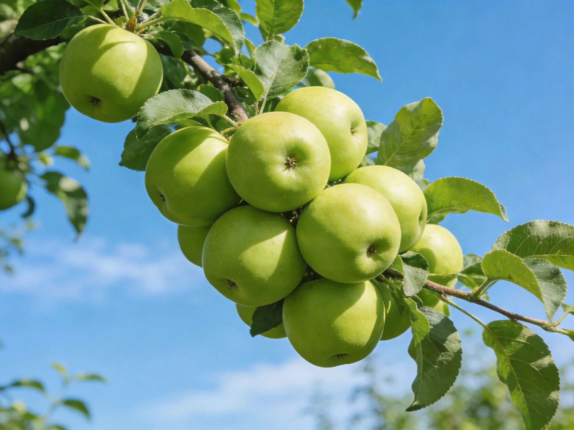 A cluster of vibrant green apples hangs from a tree under a clear blue sky