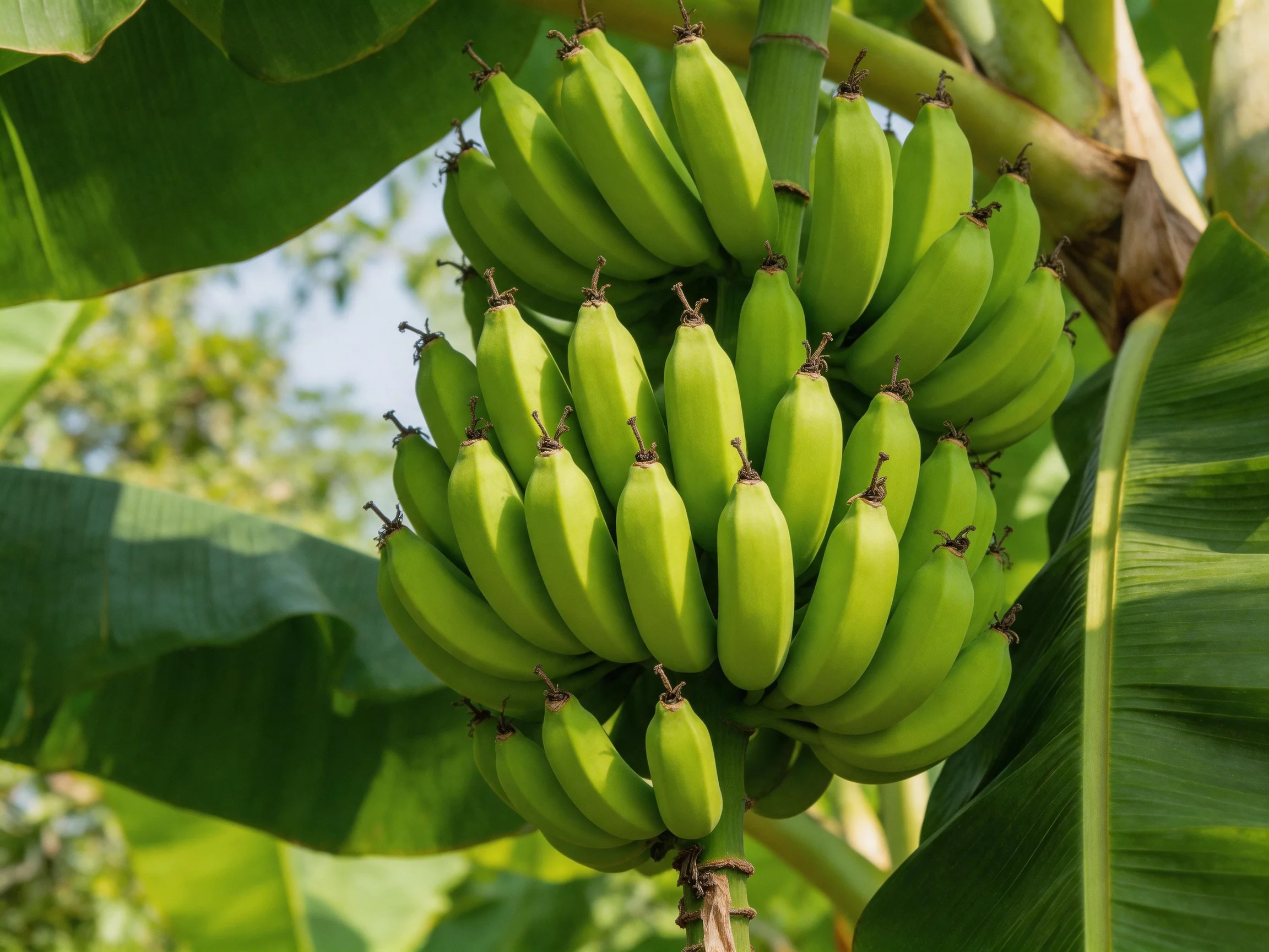 A cluster of vibrant green bananas hangs among large tropical leaves