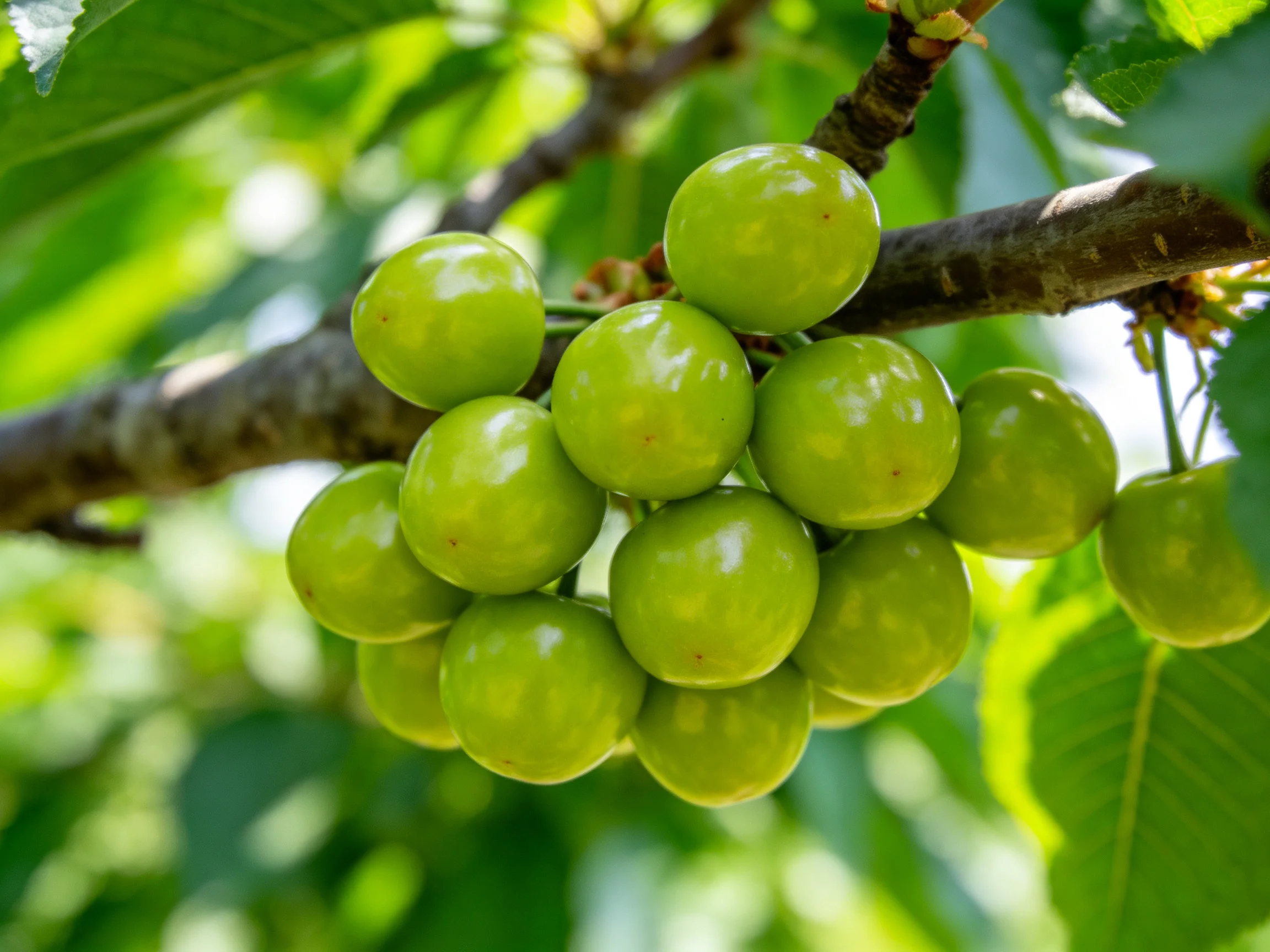 A cluster of vibrant green cherries hangs from a tree branch