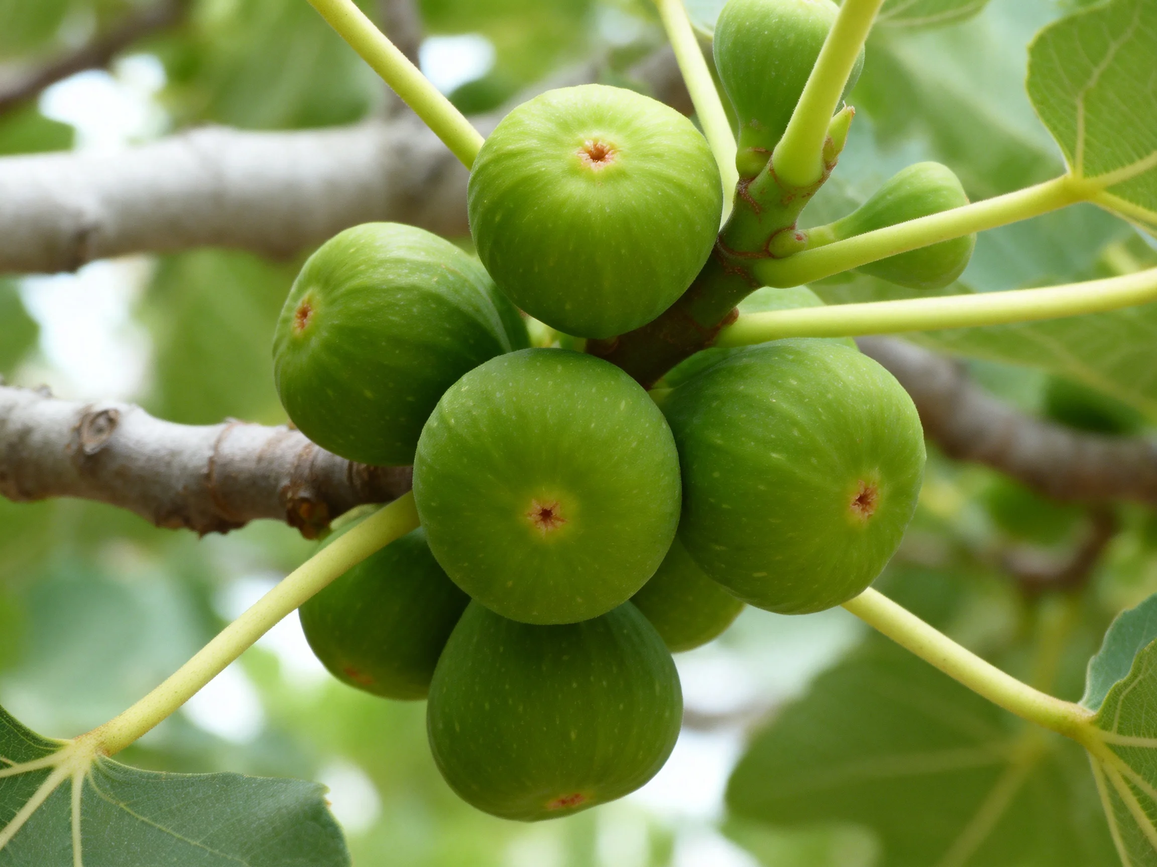 A cluster of vibrant green figs growing on a fig tree branch
