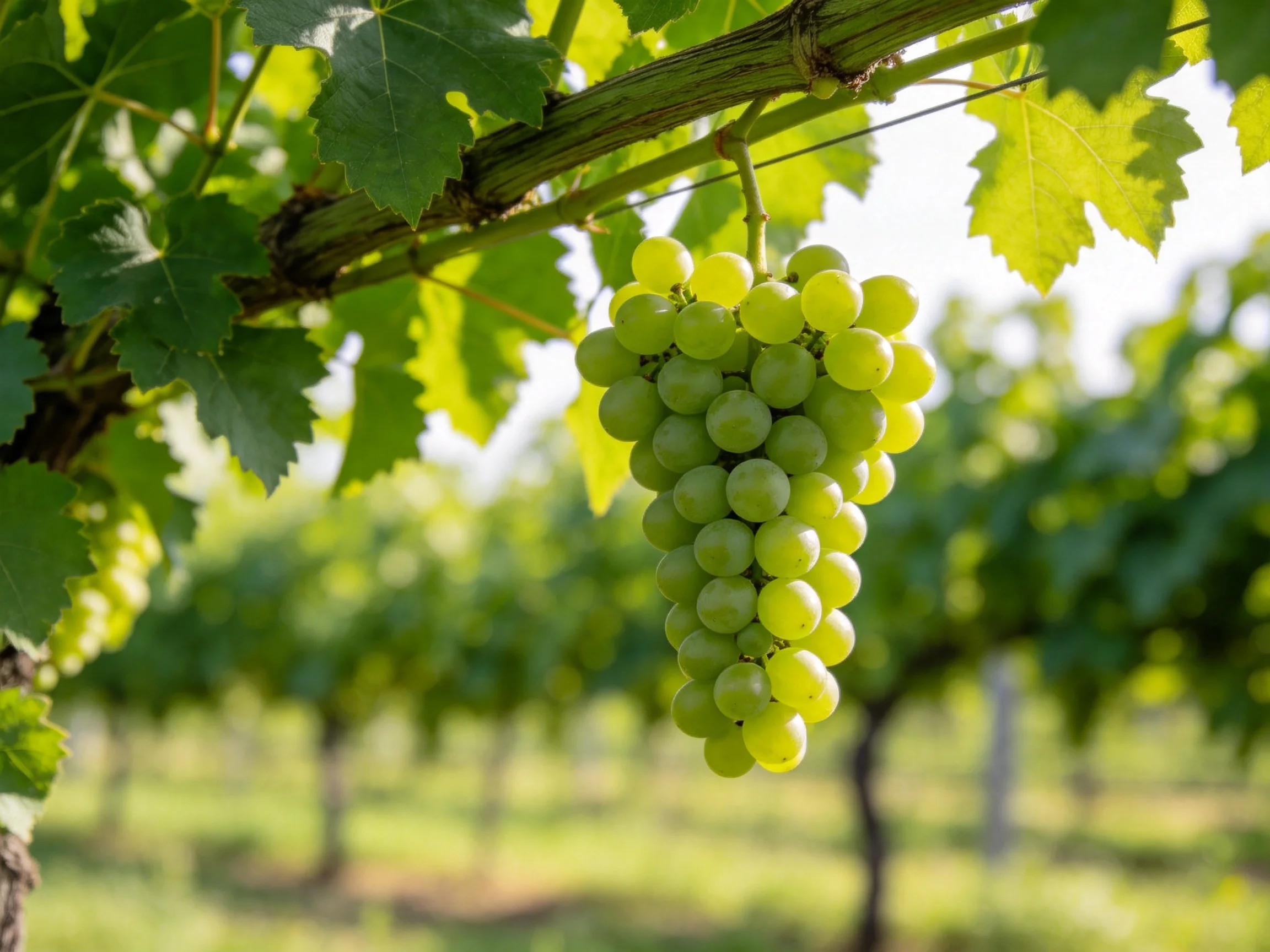 A cluster of vibrant green grapes hangs from a sunlit vineyard vine