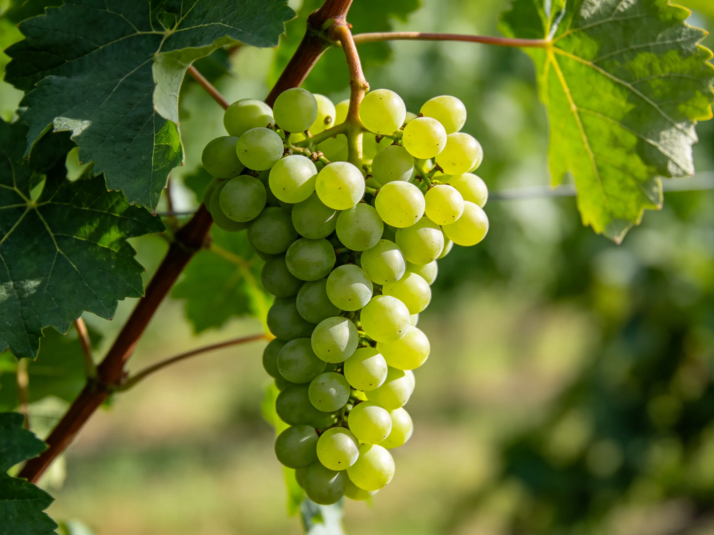 A cluster of vibrant green grapes hangs from a vine amid lush foliage