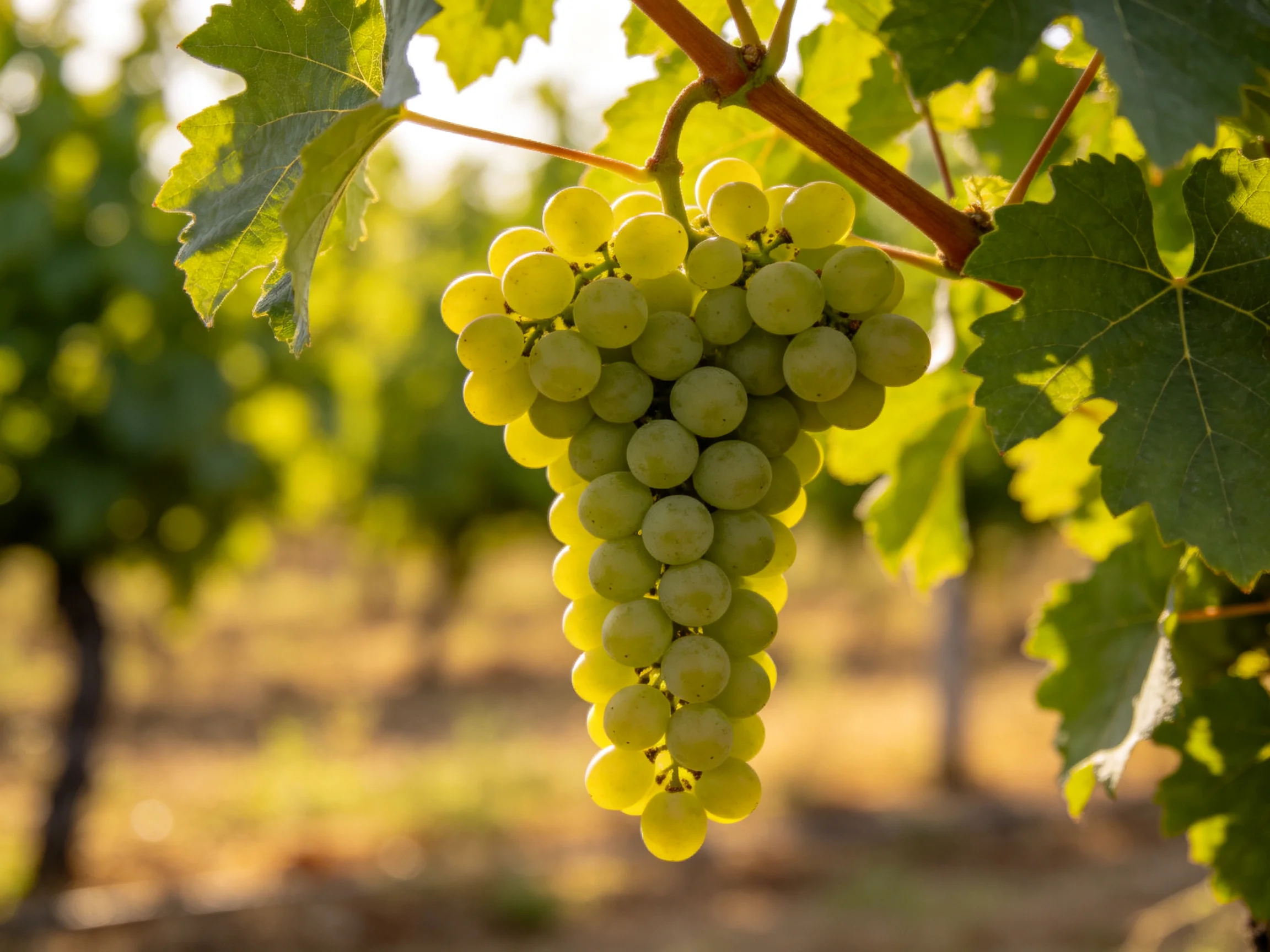 A cluster of vibrant green grapes hangs from a vine in a sun-drenched vineyard