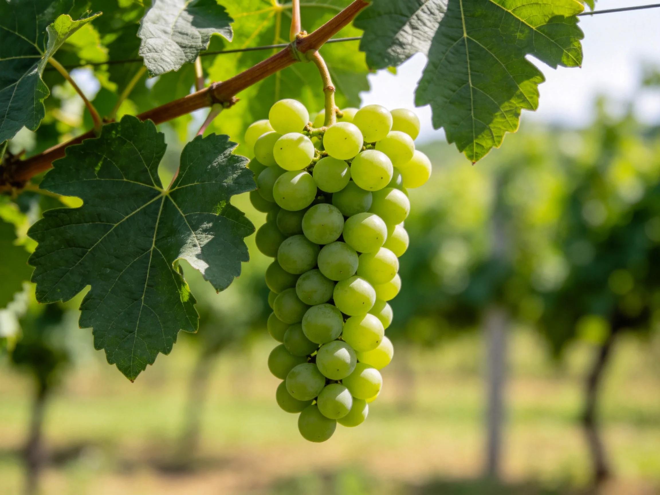 Fresh green grapes hang from a vine in a sunlit vineyard.