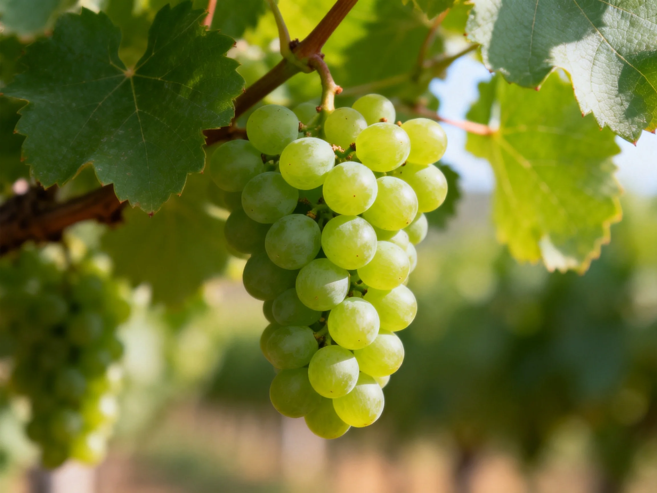 Green grapes hang from a vine in a sunlit vineyard setting.
