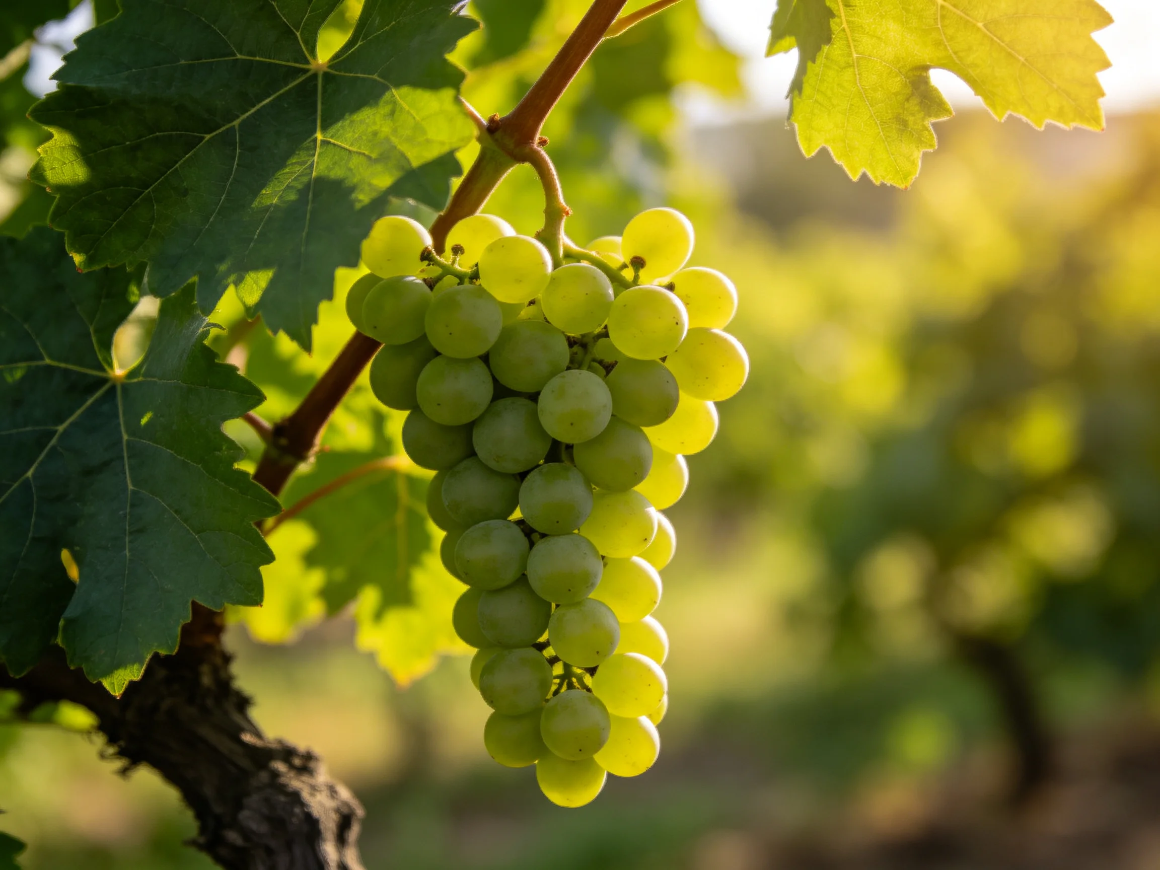 A cluster of vibrant green grapes hangs from a vine in golden sunlight