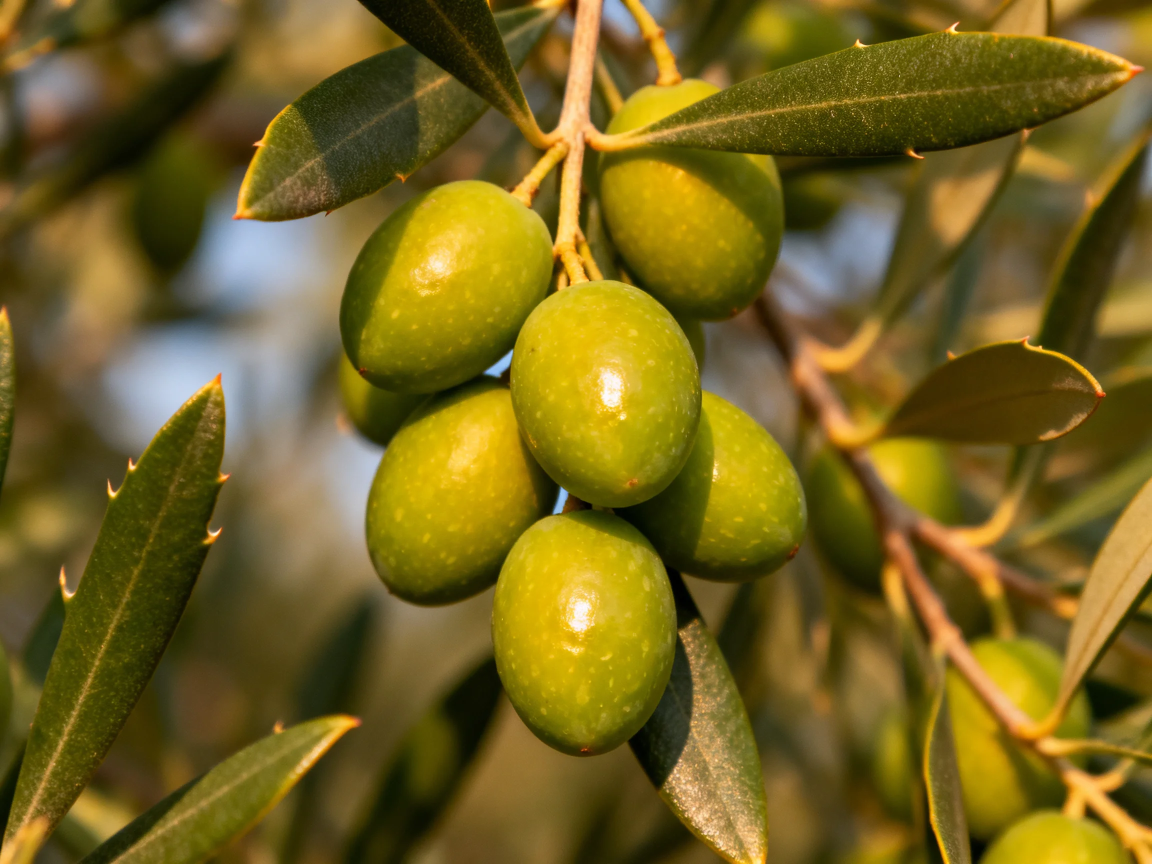 A cluster of vibrant green olives hangs from an olive tree branch