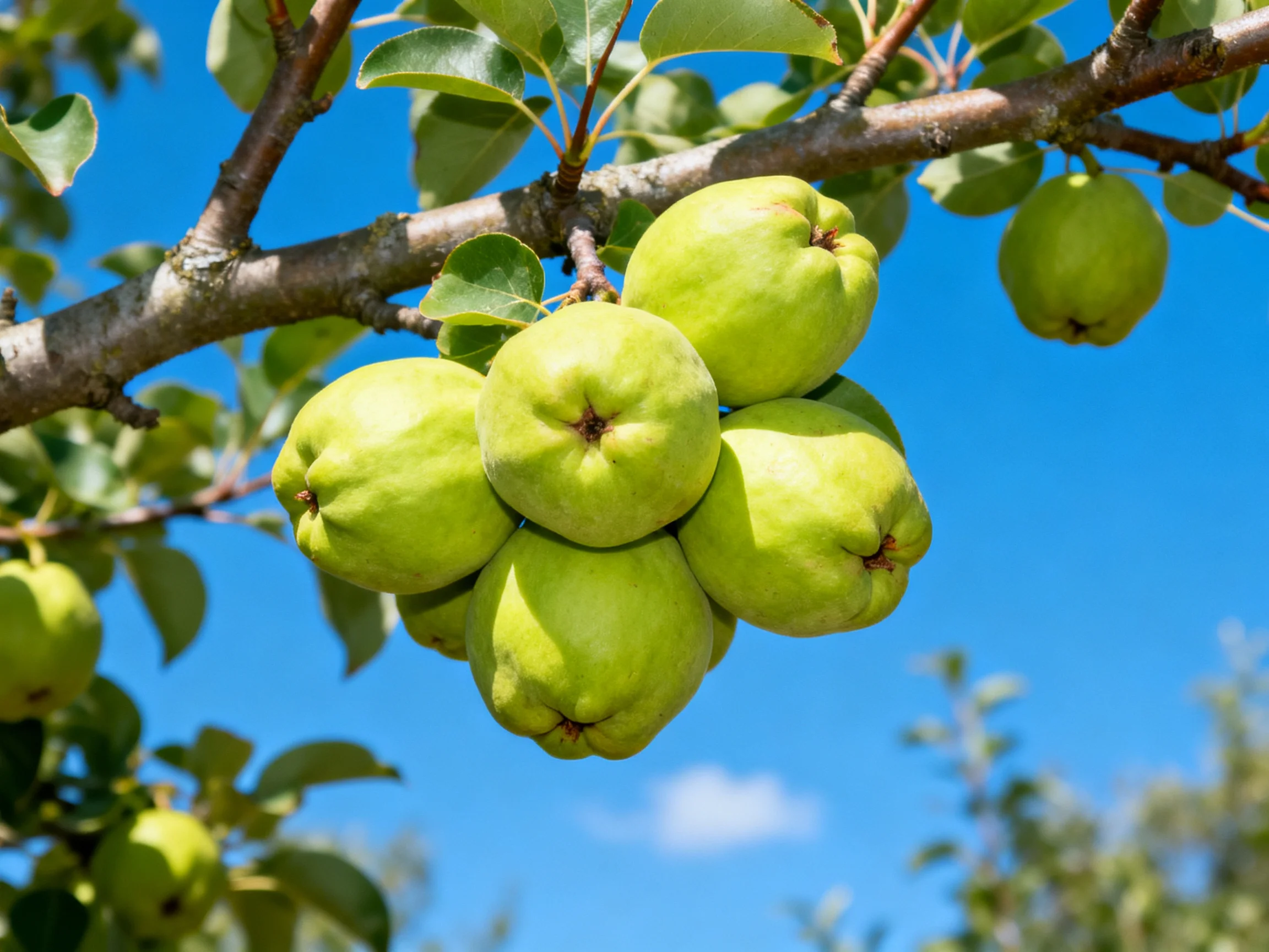 Green quince fruits cluster on a tree branch beneath a clear blue sky.
