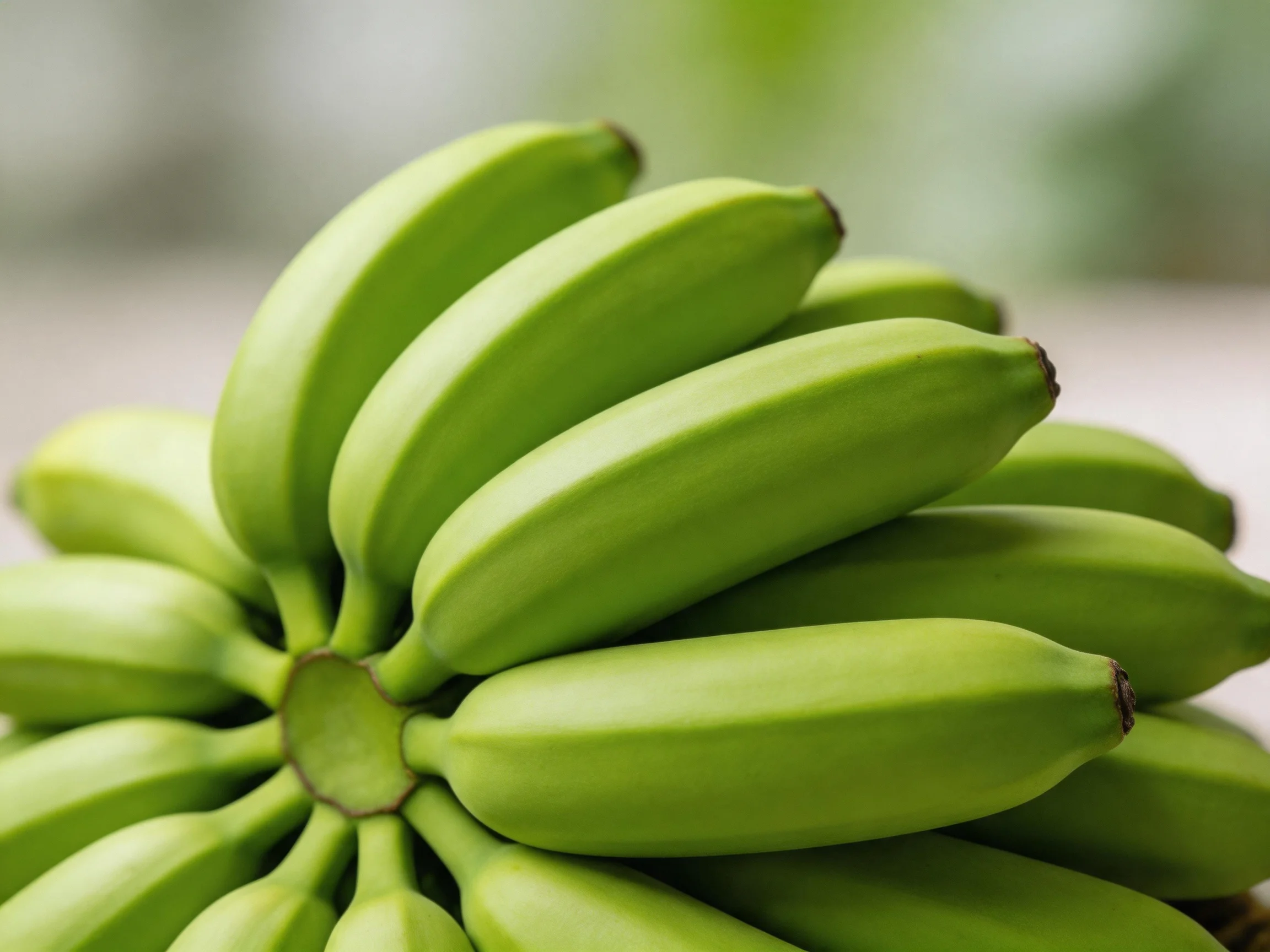 A cluster of vibrant green unripe bananas grouped tightly