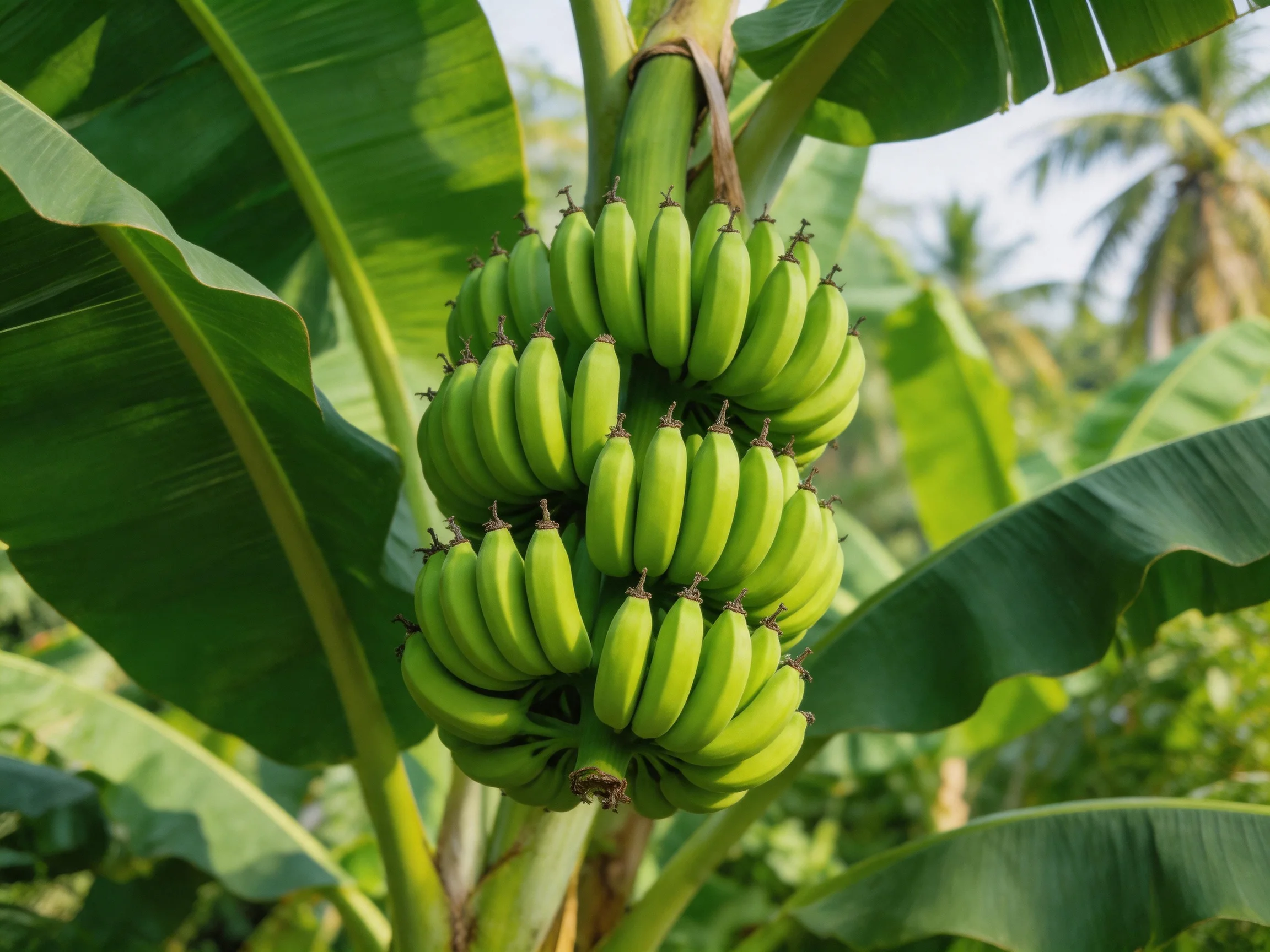 A cluster of vibrant green unripe bananas on a banana tree