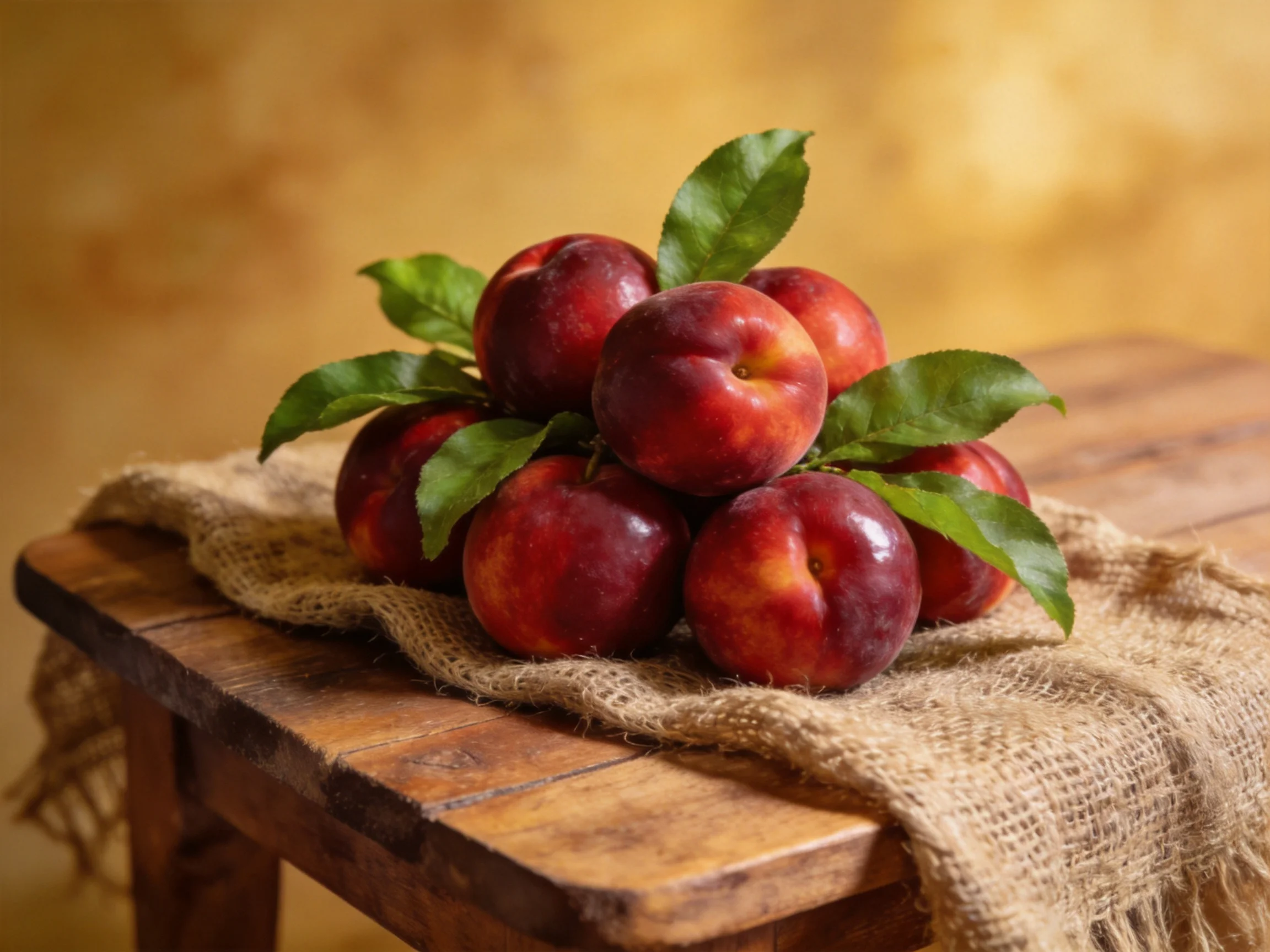 A cluster of vibrant nectarines rests atop a rustic wooden table with burlap