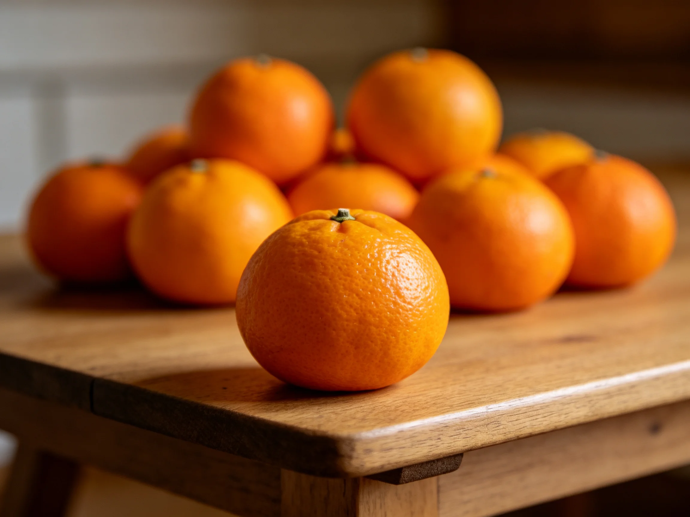 A cluster of vibrant orange citrus fruits arranged on a wooden table