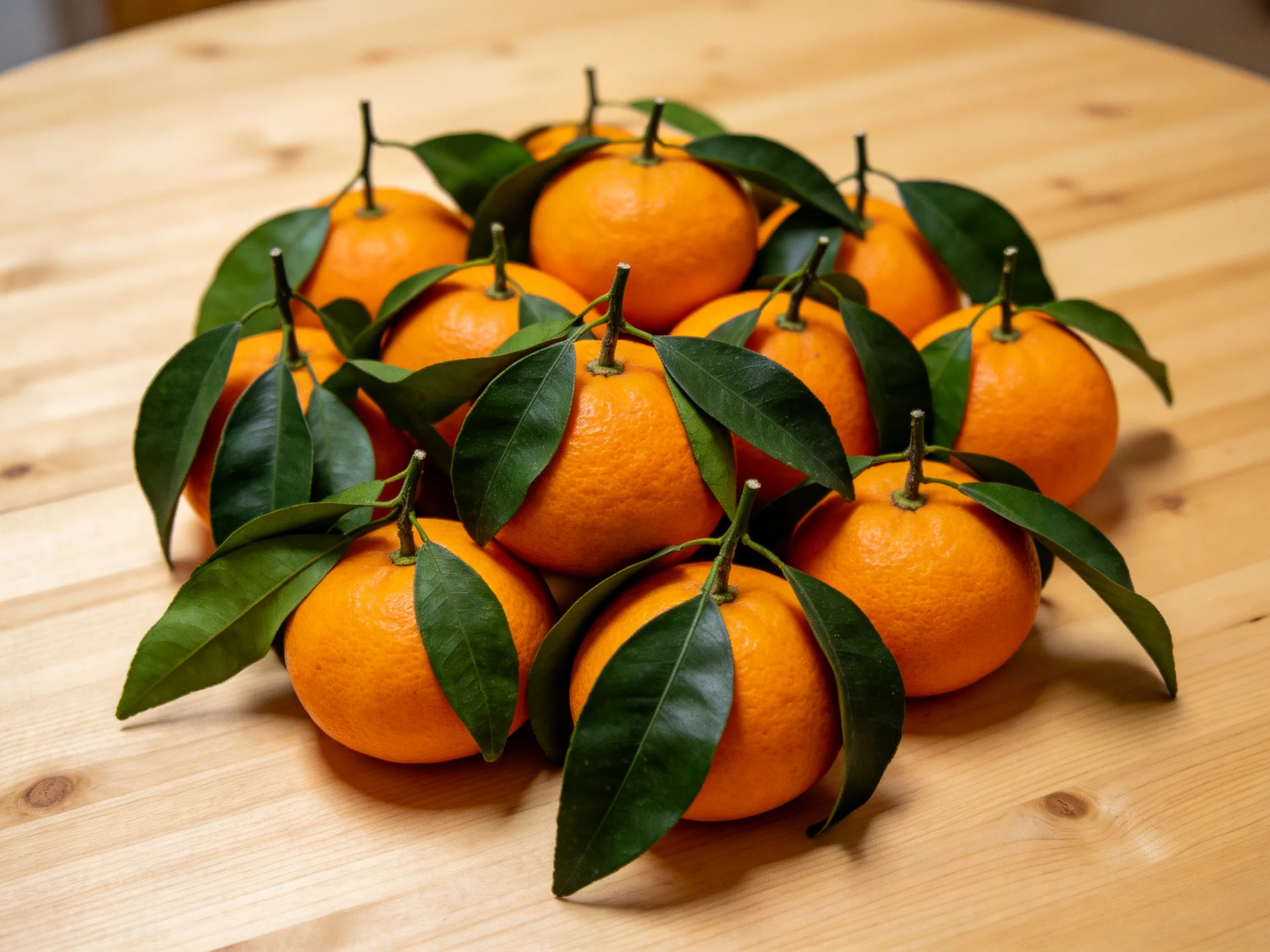 A cluster of vibrant orange tangerines with fresh green leaves on a wooden surface