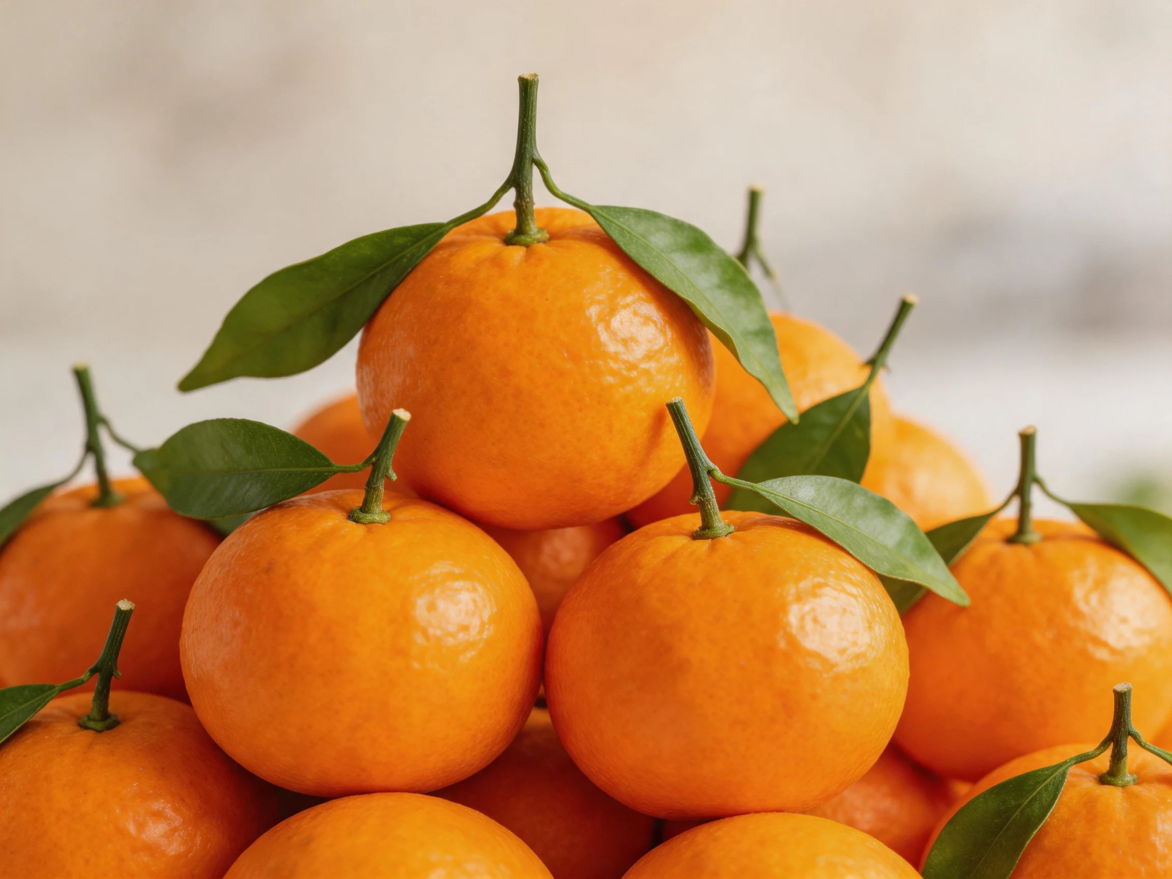 A cluster of vibrant orange tangerines with fresh green leaves