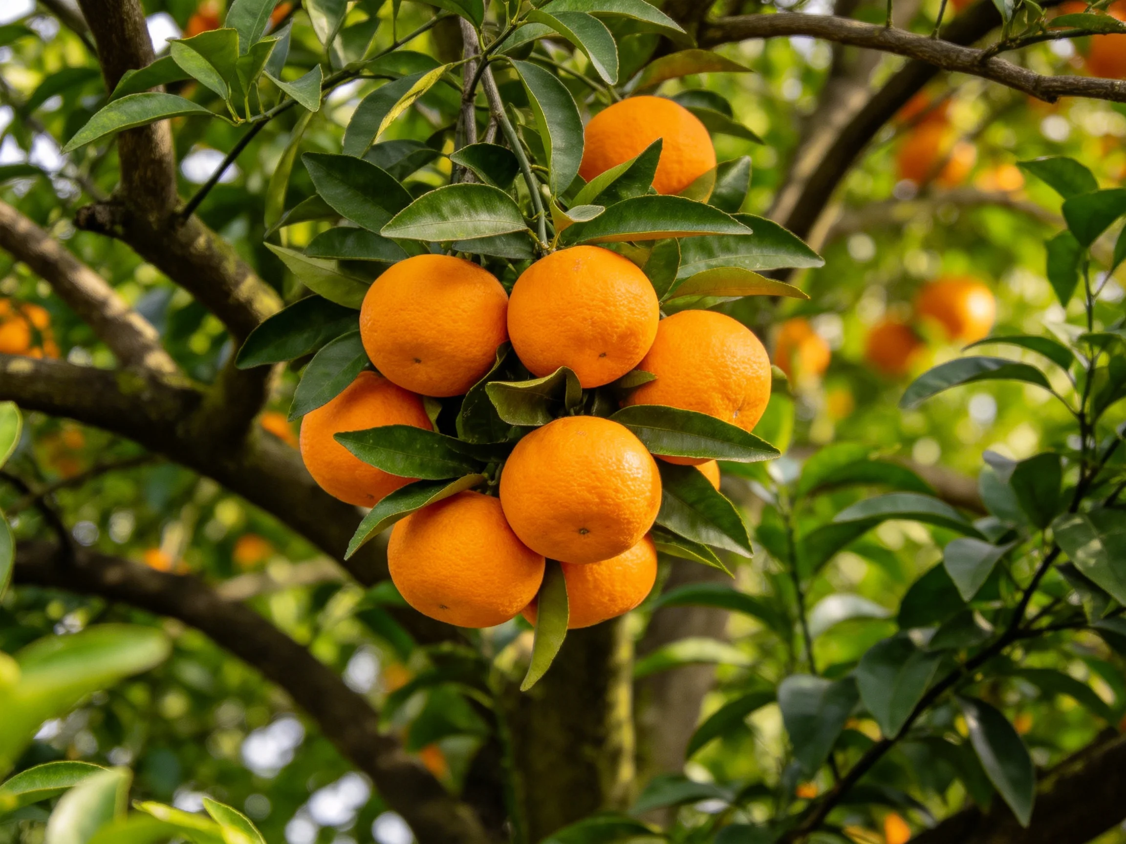 A cluster of vibrant oranges hangs from a leafy citrus tree