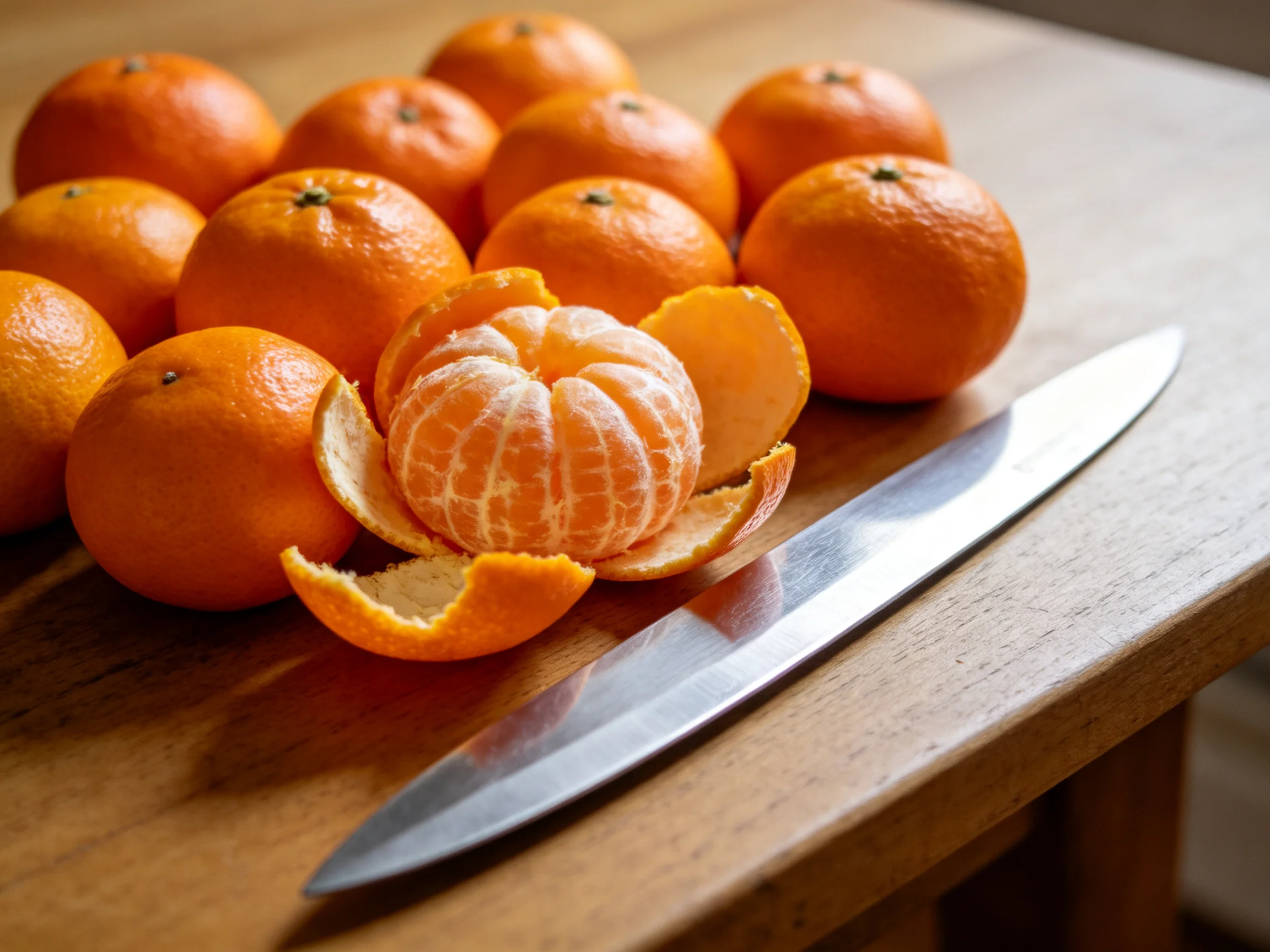A cluster of vibrant oranges includes one peeled, beside a sharp knife on wood