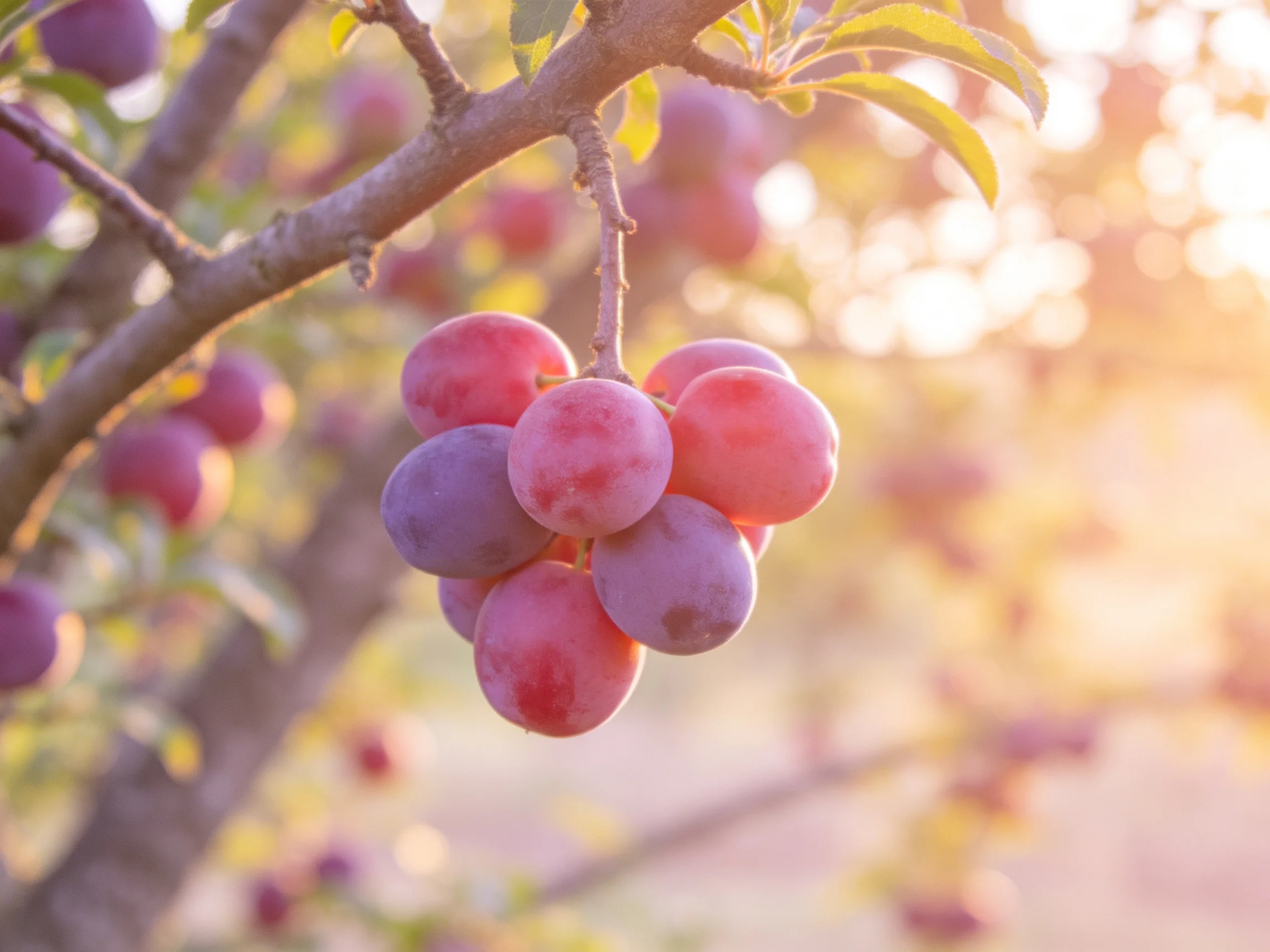 A cluster of vibrant purple and pink plums hangs from a tree branch