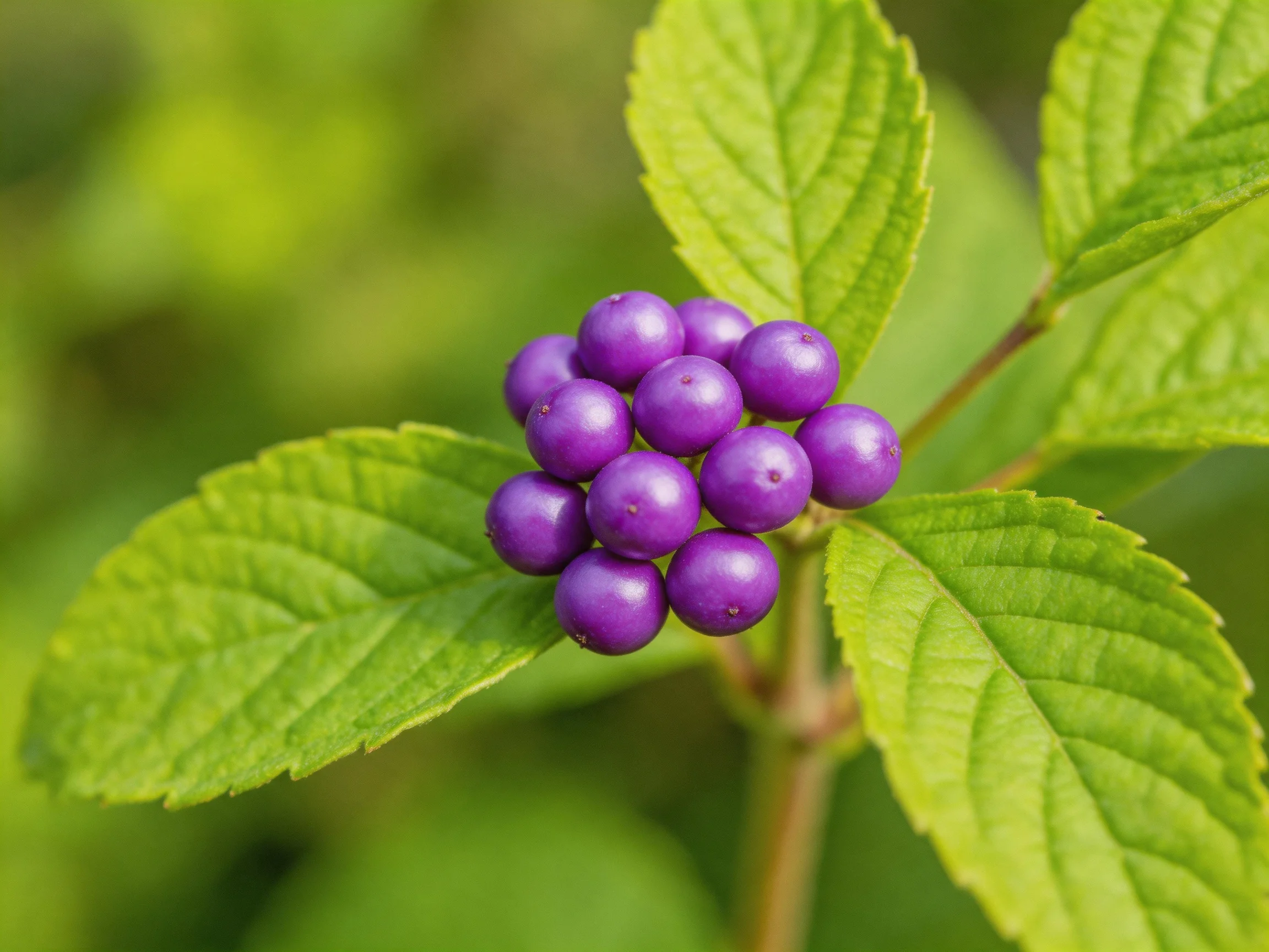 A cluster of vibrant purple berries amid bright green foliage